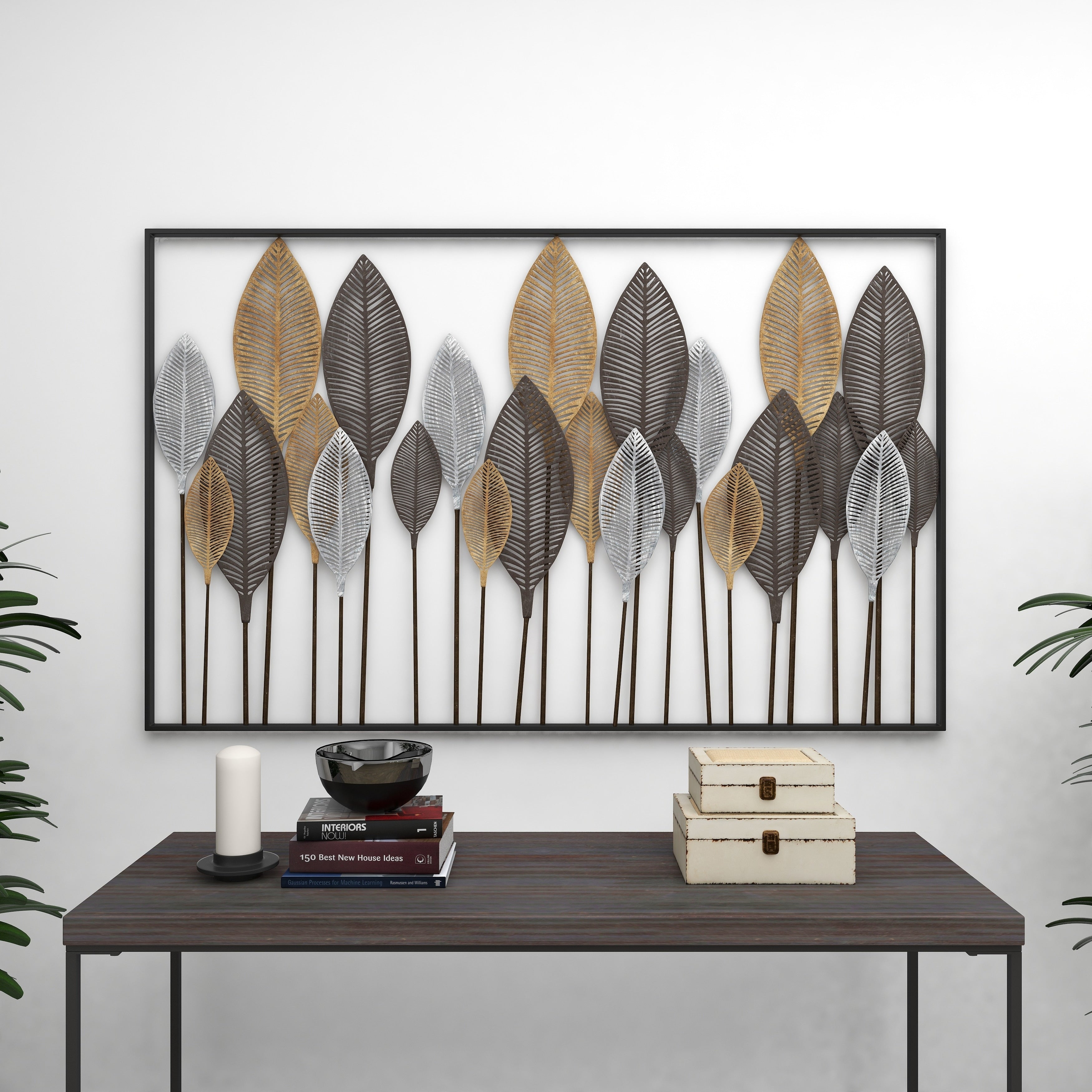 Contemporary Metal Tall Cut-Out Leaf Wall Decor with Intricate Laser Cut Designs - Bronze, Gray, Brass