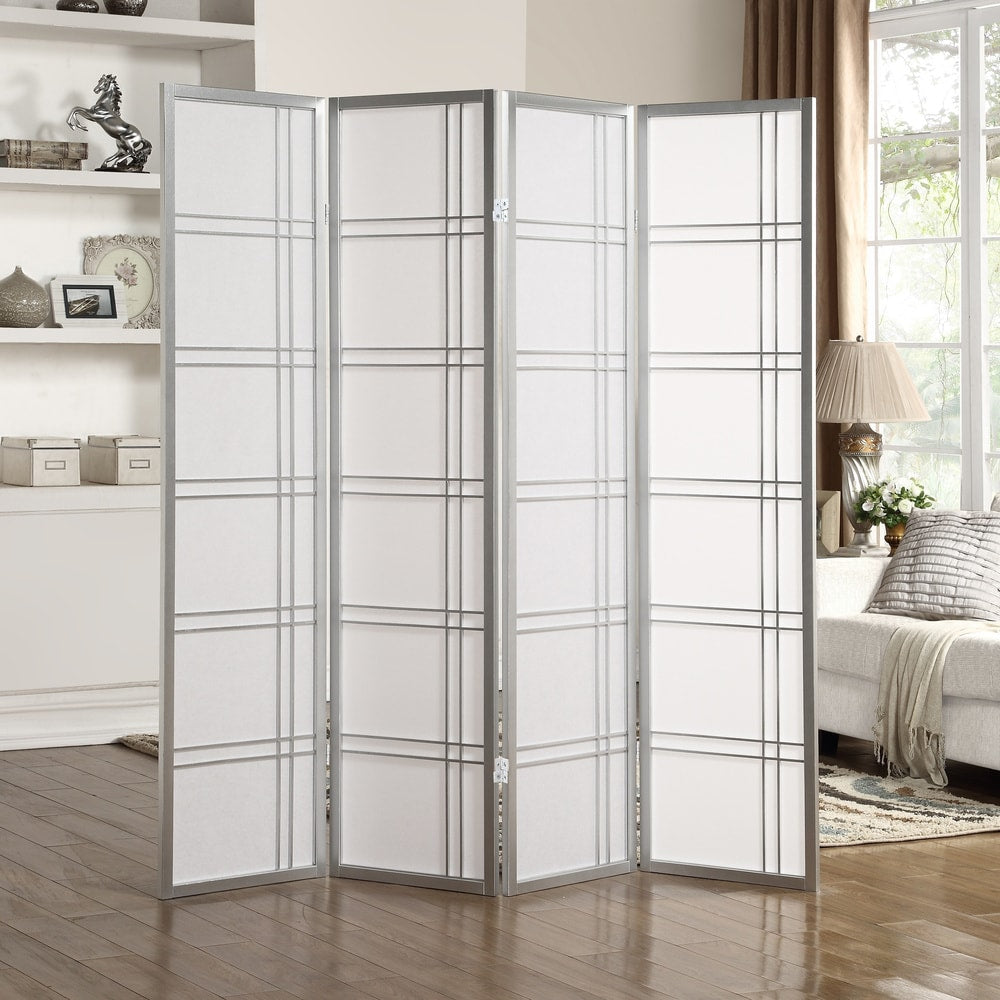 Roundhill Furniture Seto White Wood and Paper 4-panel Room Divider Screen