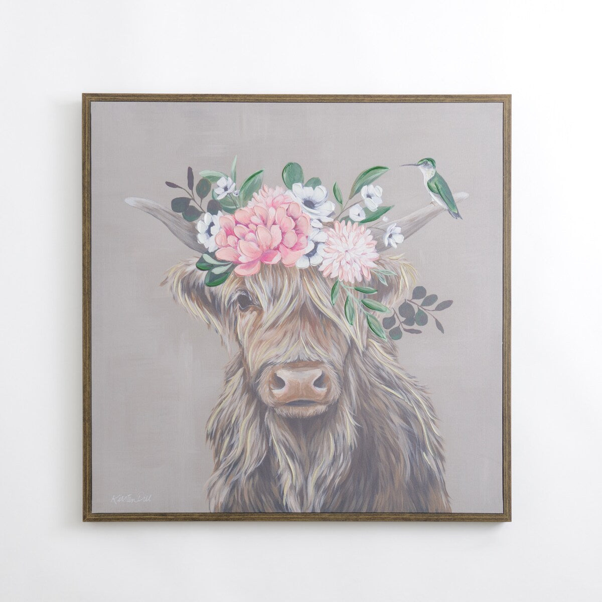 Highland Cow Flower Crown Framed Canvas Art Print