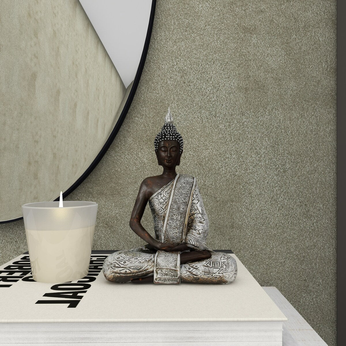 Polystone Buddha Meditating Decorative Sculpture with Engraved Carvings and Relief Detailing - Black - Roche River Decor