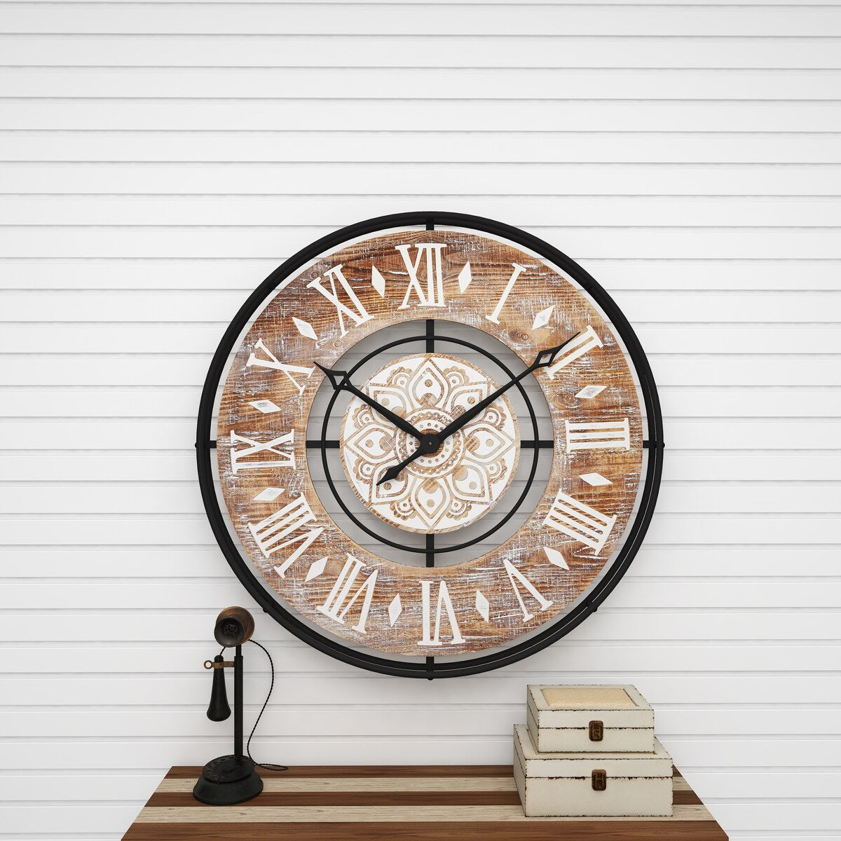 Metal Decorative Wall Clock with Wood Accents - Brown - Roche River Decor