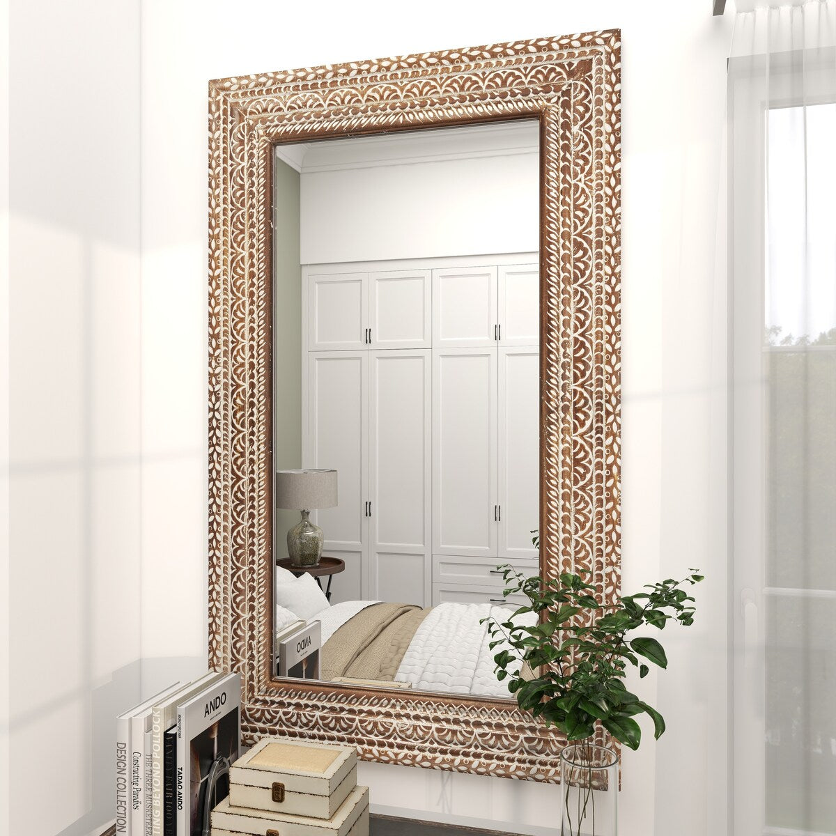 Wood Floral Room Wall Mirror with Detailed Cream Carvings - Brown - Roche River Decor