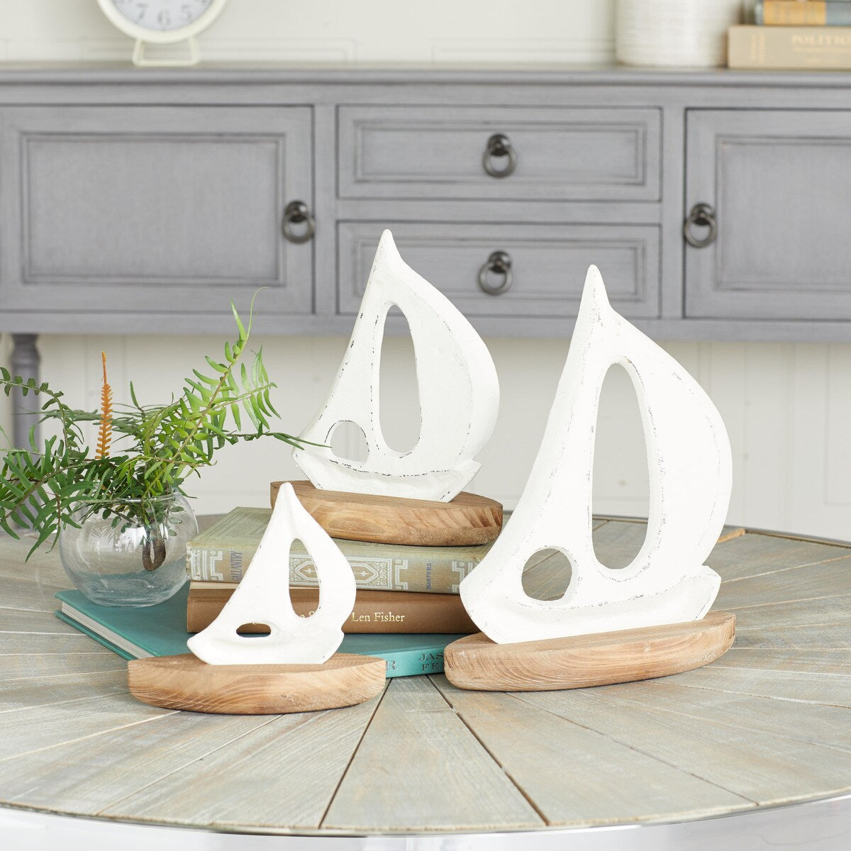 Wood Sail Boat Decorative Sculpture with Wood Base - Set of 3 White - Roche River Decor