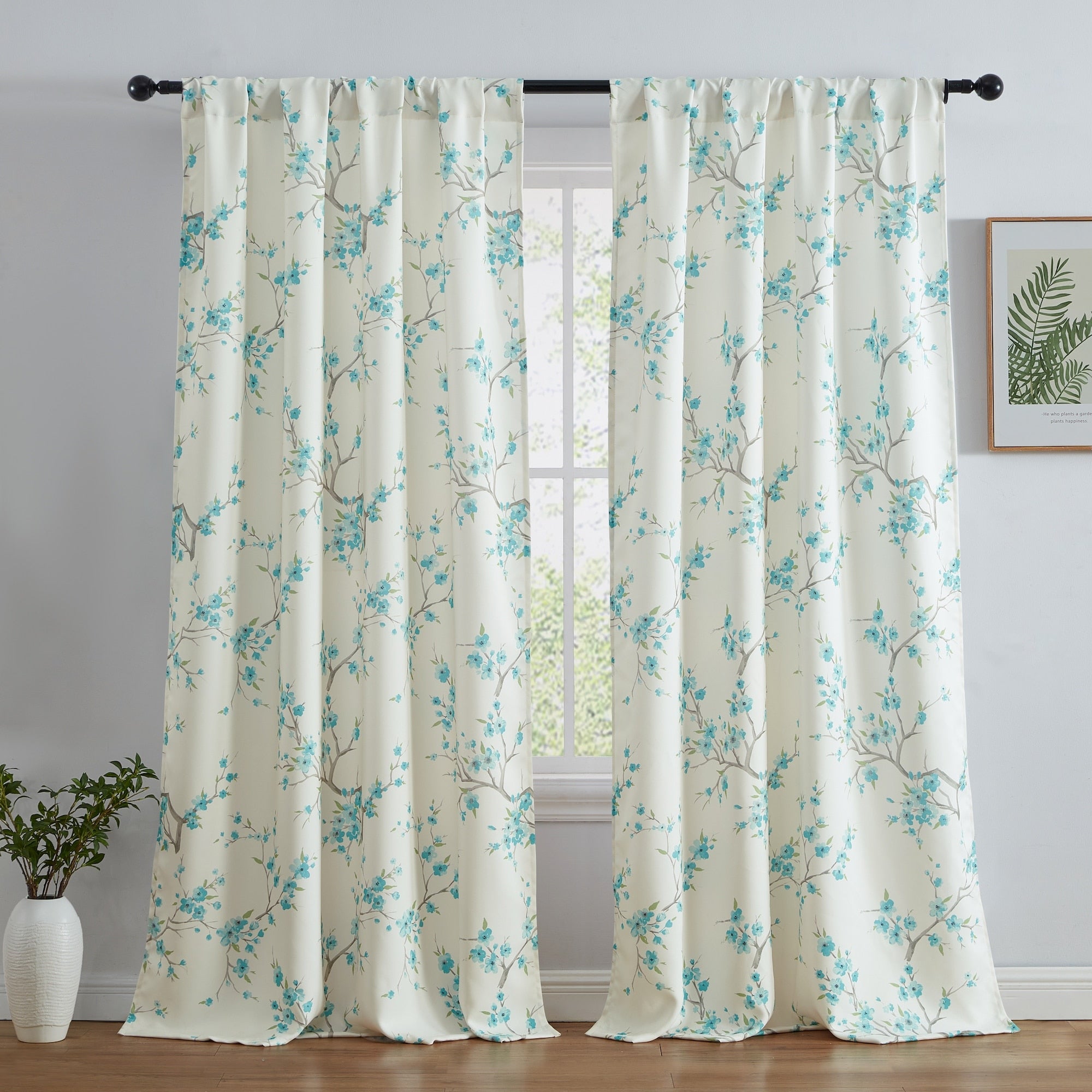 HLC.me Jasmine Floral Light Blocking Curtain Rod Pocket Pole Top Panels - Set of 2