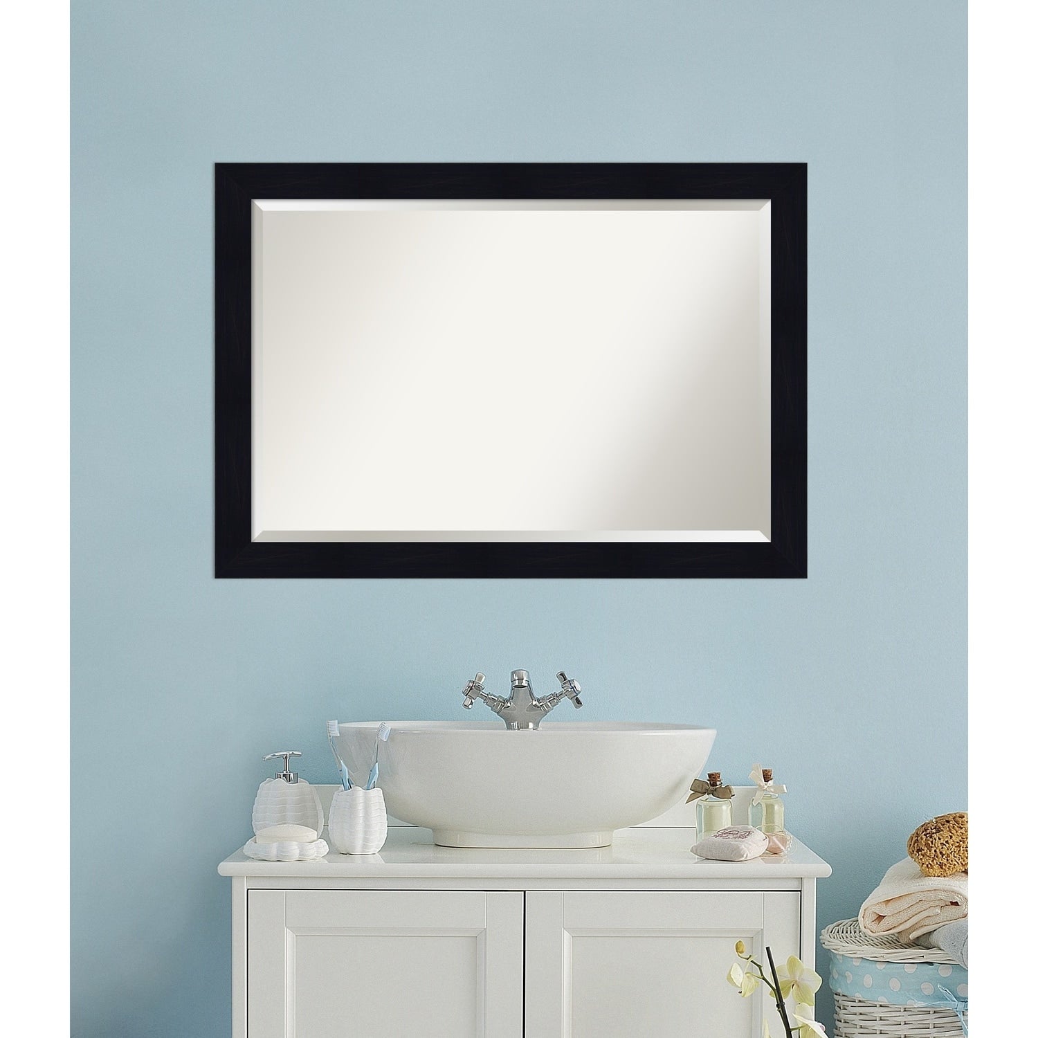 Beveled Wood Bathroom Wall Mirror - Shiplap Navy Frame