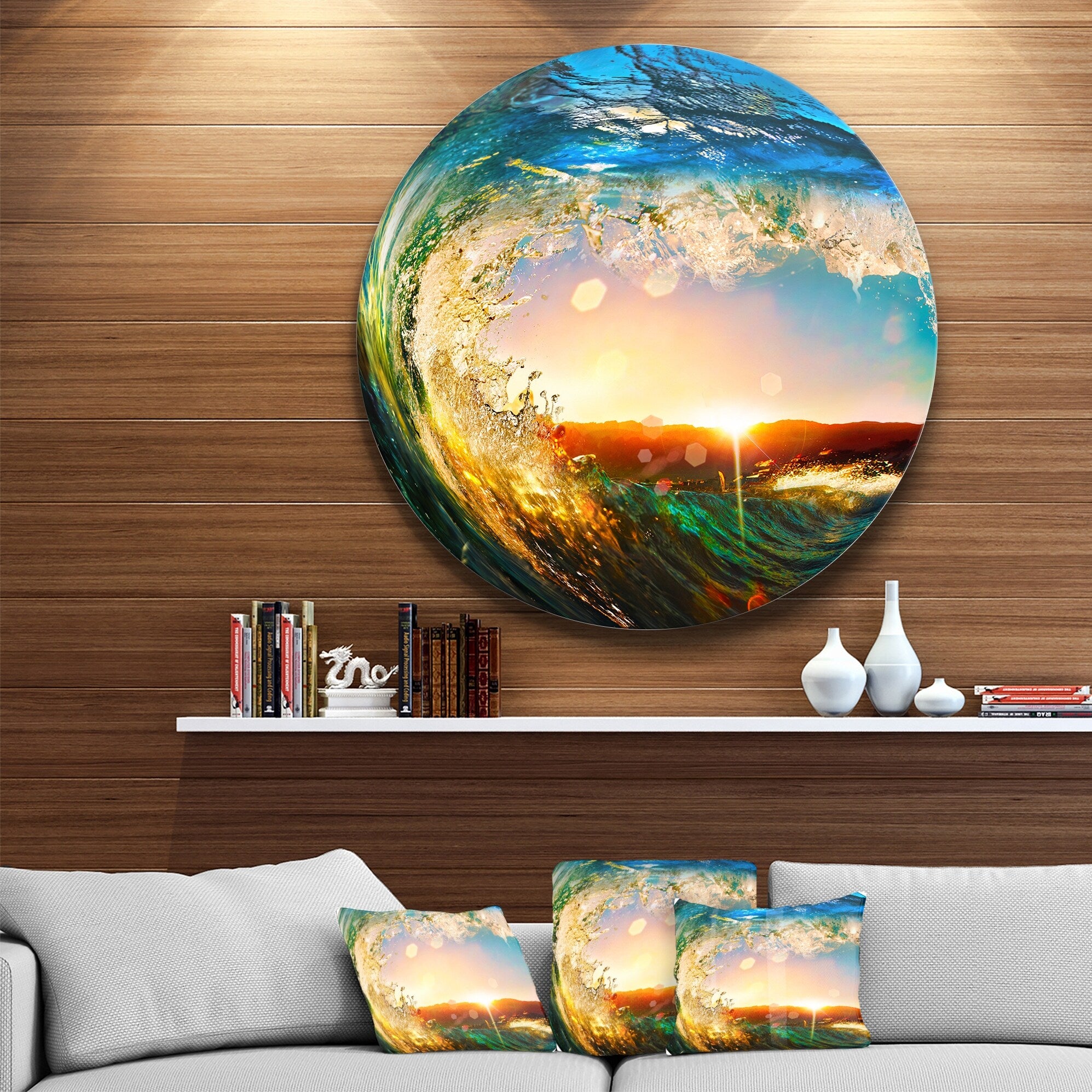 Designart 'Colored Ocean Waves Falling Down' Modern Seashore Disc Metal Wall Art