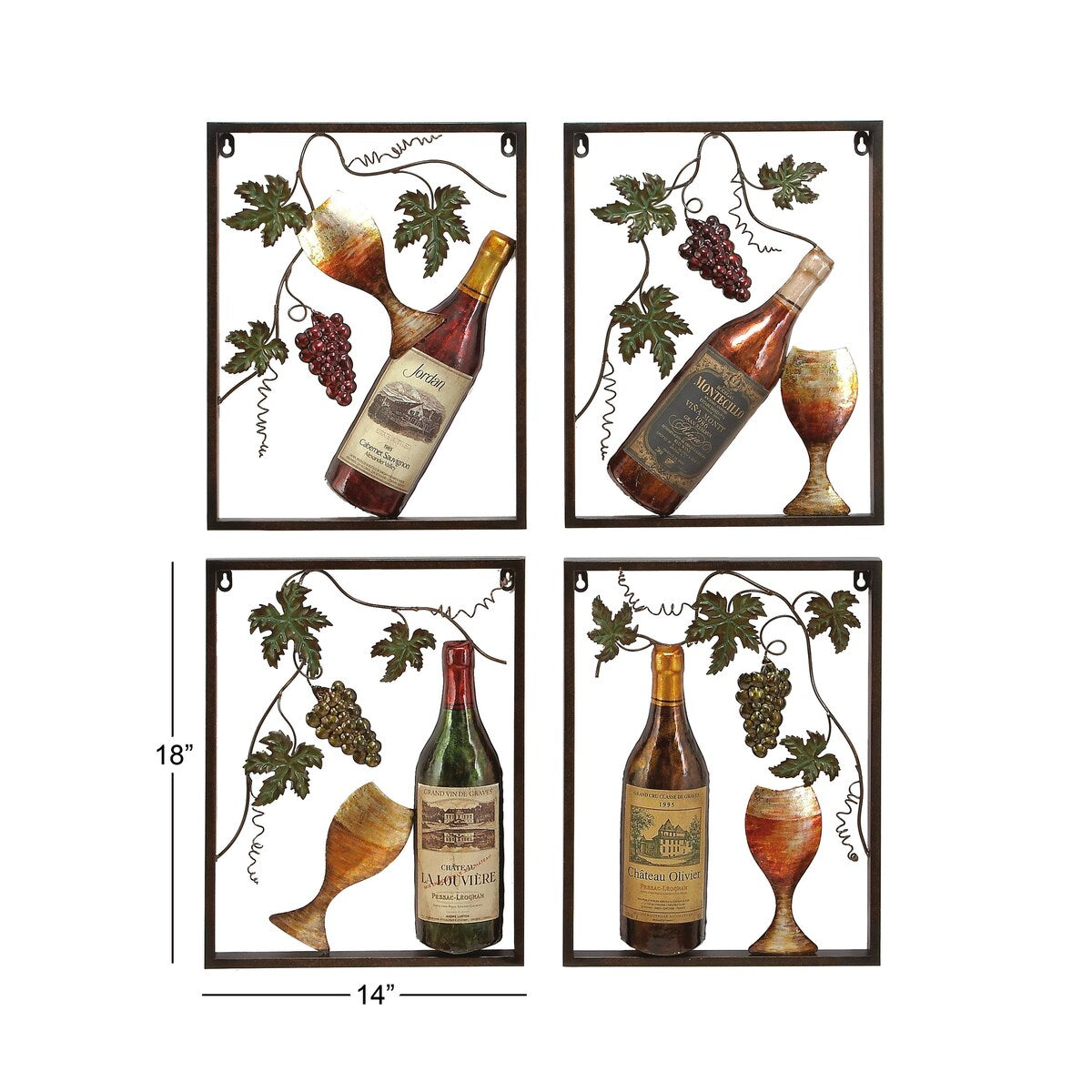 Metal Wine Home Wall Decor with Grapes Detailing - Set of 4 Multi Colored - Roche River Decor