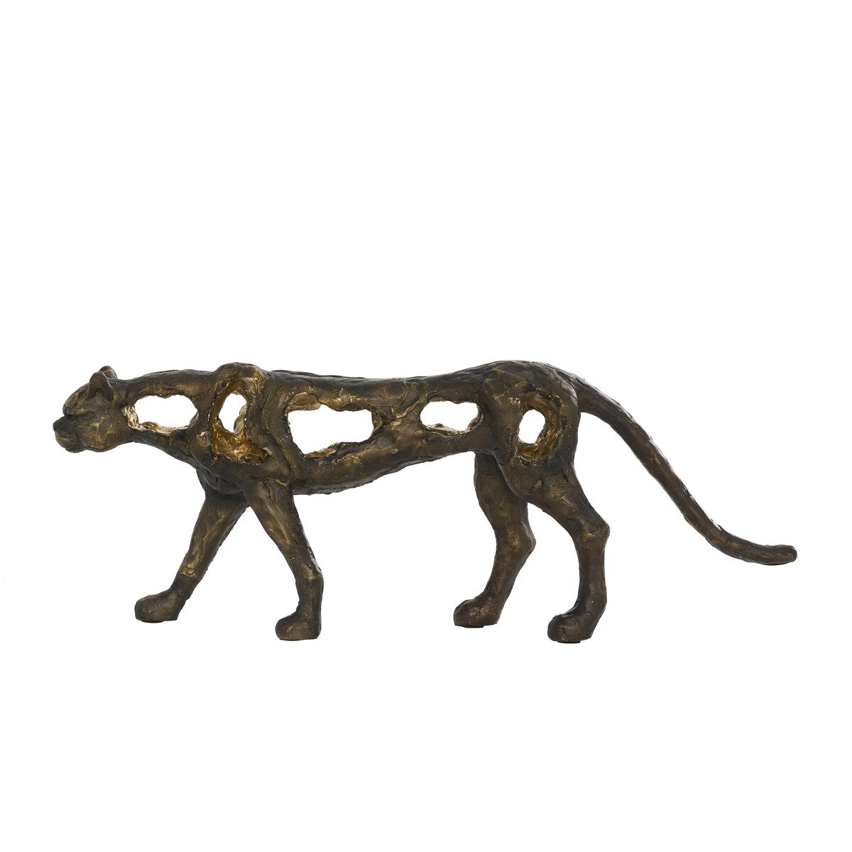 Polystone Leopard Distressed Textured Decorative Sculpture with Cutouts and Gold Accents - Bronze - Roche River Decor