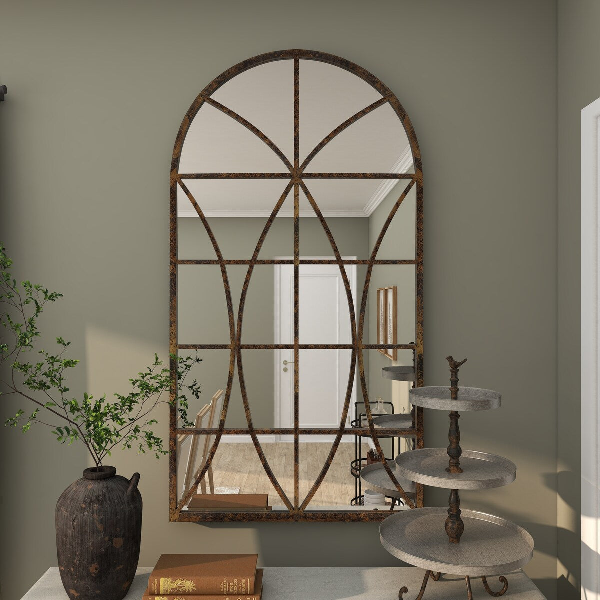 Metal Window Pane Inspired Room Wall Mirror with Arched Top - Brown - Roche River Decor