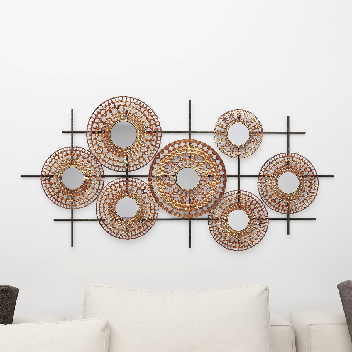 Metal Plate Home Wall Decor with Round Mirrored Accents - Brown - Roche River Decor