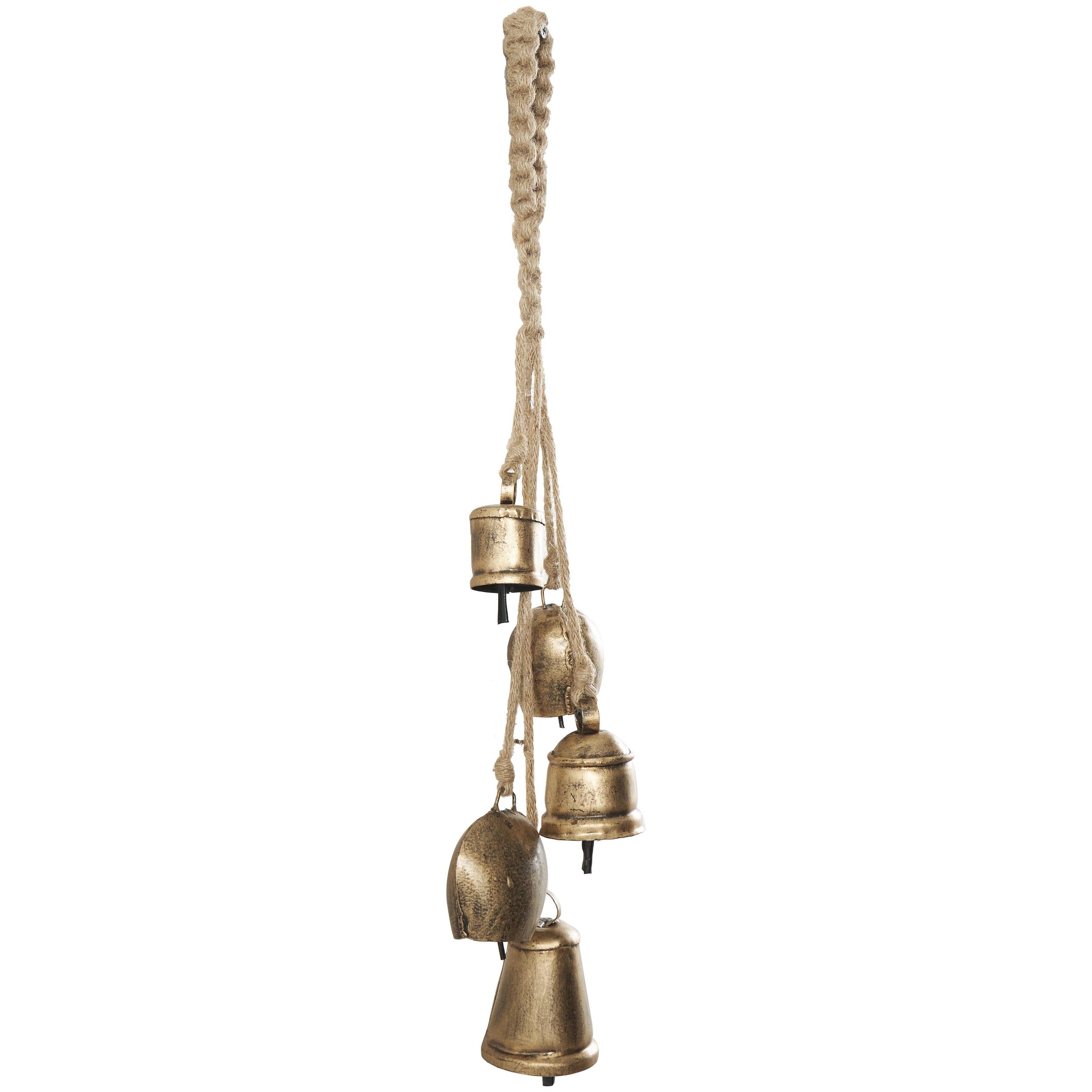 Metal Tibetan Inspired Decorative Cow Bells with 5 Bells on Jute Hanging Rope - Gold or White - Roche River Decor