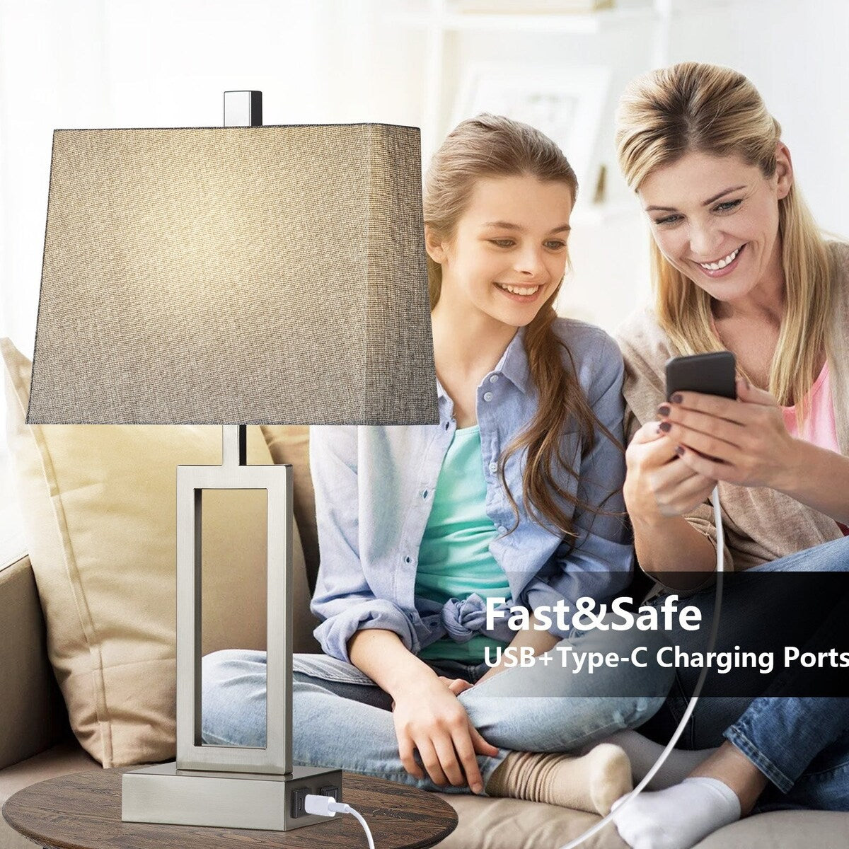 Table Lamp Electroplate Silver 3-Way Touch Dimming Switch USB Type C Charging Ports AC Outlet No Strobe (Set of 2)