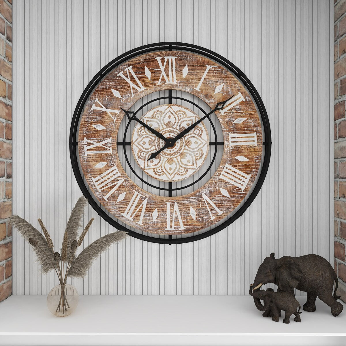 Metal Decorative Wall Clock with Wood Accents - Brown - Roche River Decor