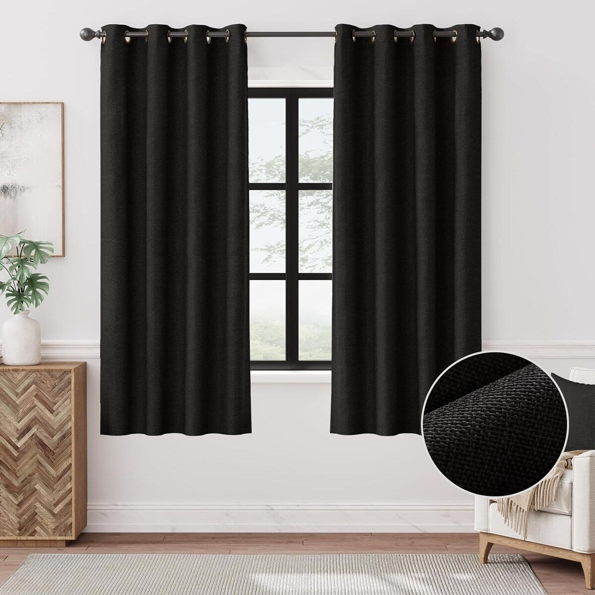 90% Blackout Faux Linen Curtains Thermal Insulated Room Darkening Curtains, 2 Panels Set, Grommet Top Window Treatments