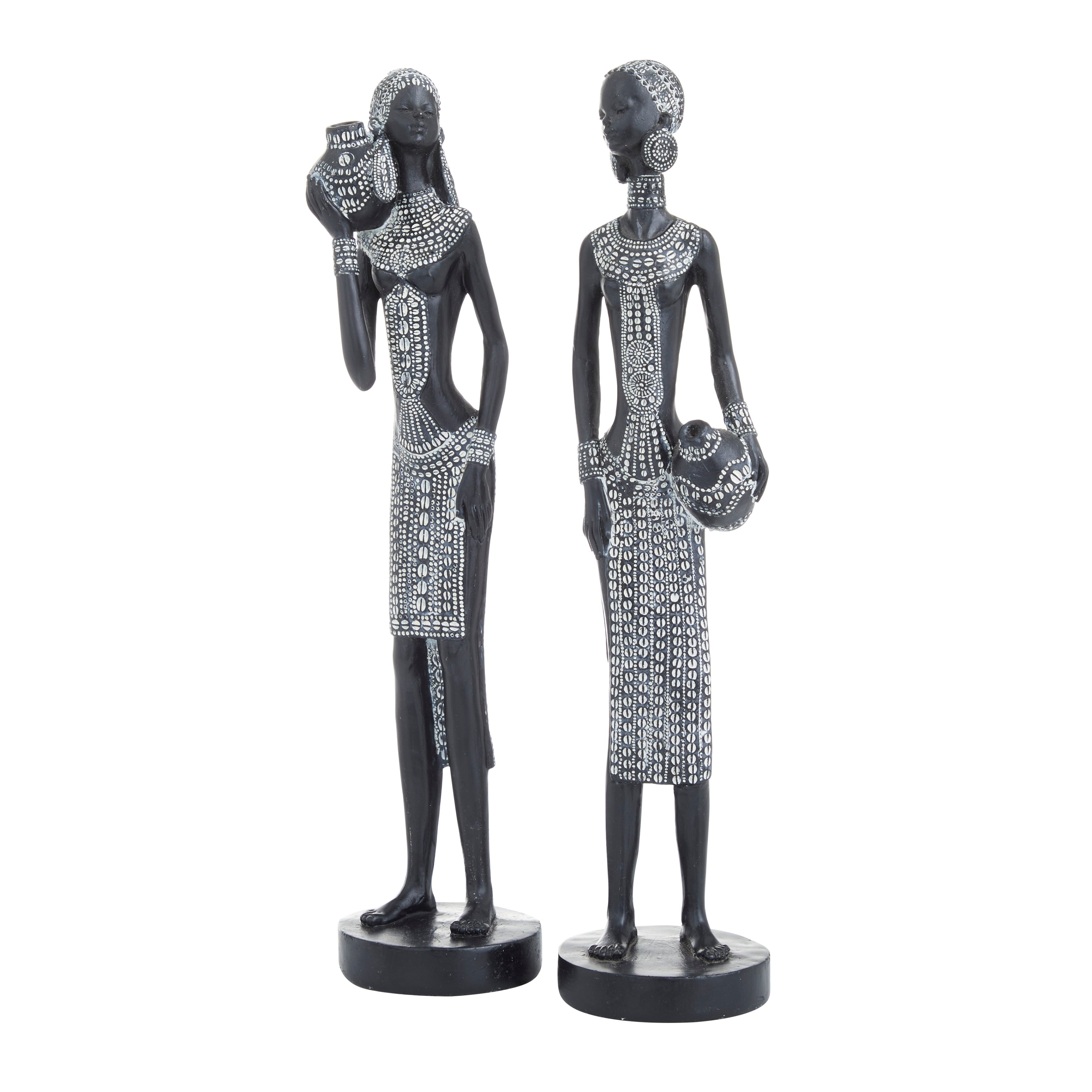 Black Polystone Standing African Woman Decorative Sculpture with Intricate Details (Set of 2) - 3 x 3 x 14