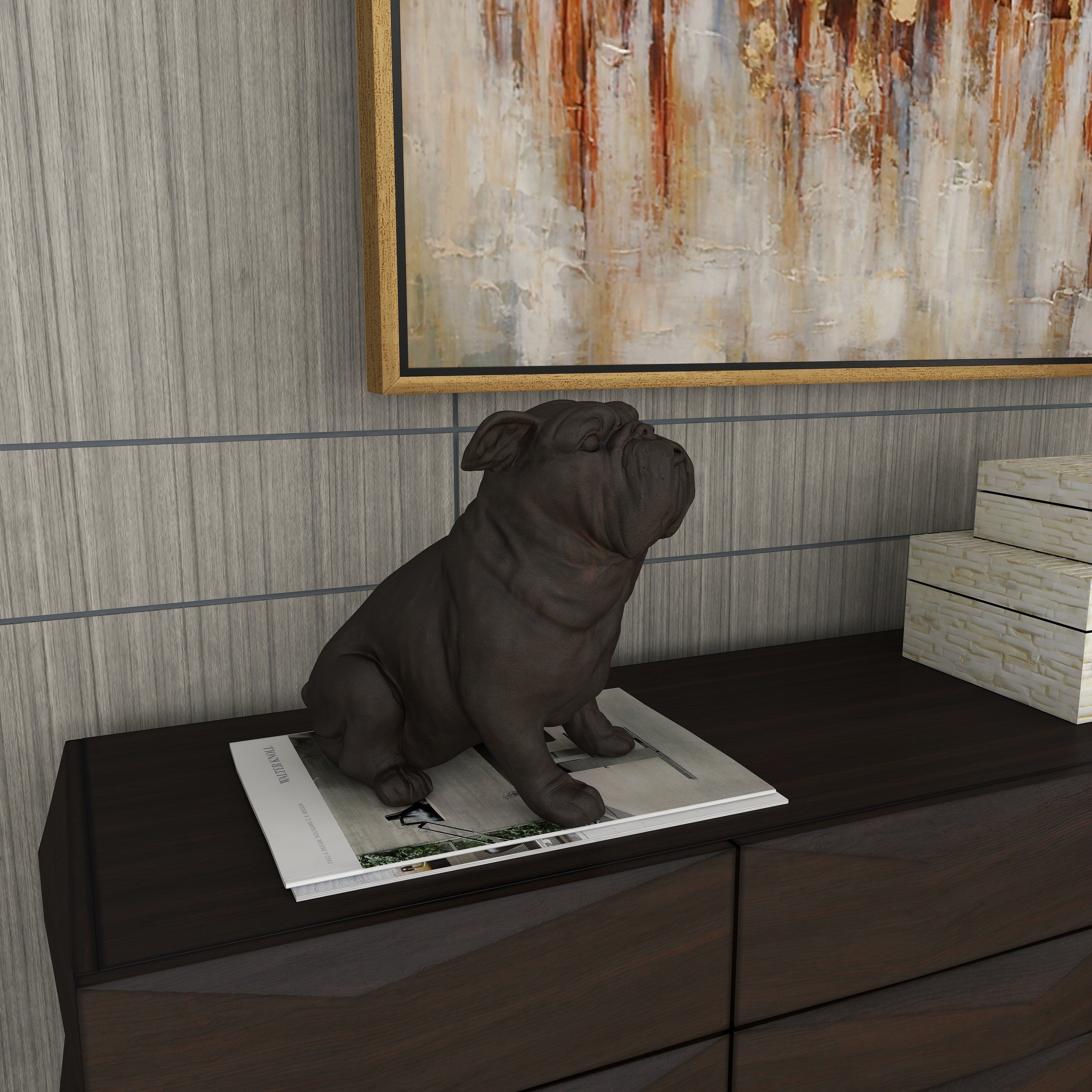 Brown Polystone Distressed Sitting Bulldog Sculpture