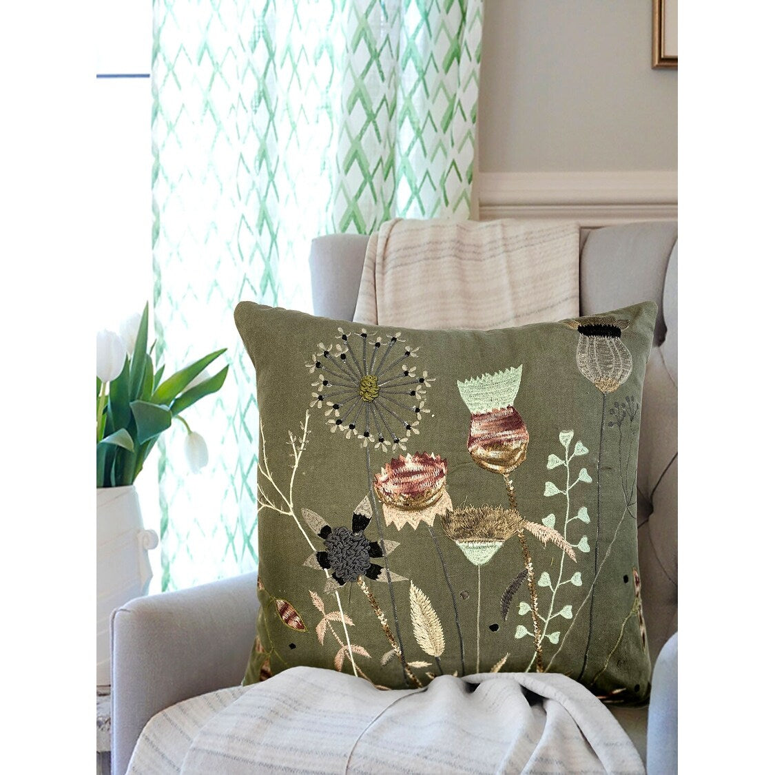 Wild Garden Cotton Embroidered Decorative Throw Pillow