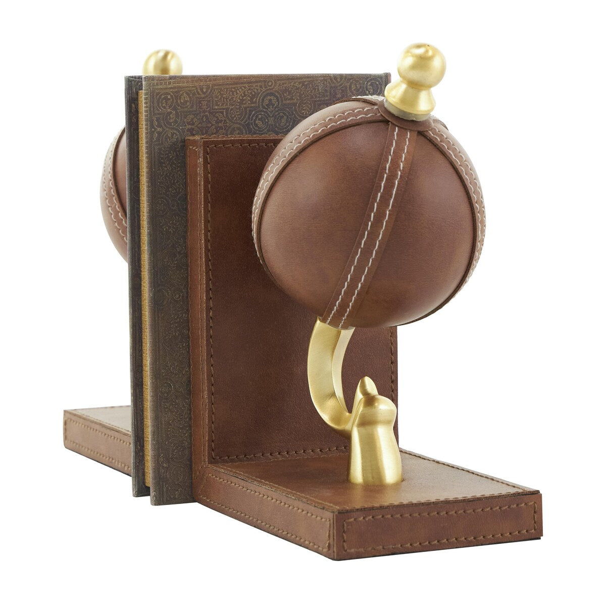 Leather Globe Handmade Stitched Decorative Bookends with Brown Wood Base - Set of 2 Brown - Roche River Decor