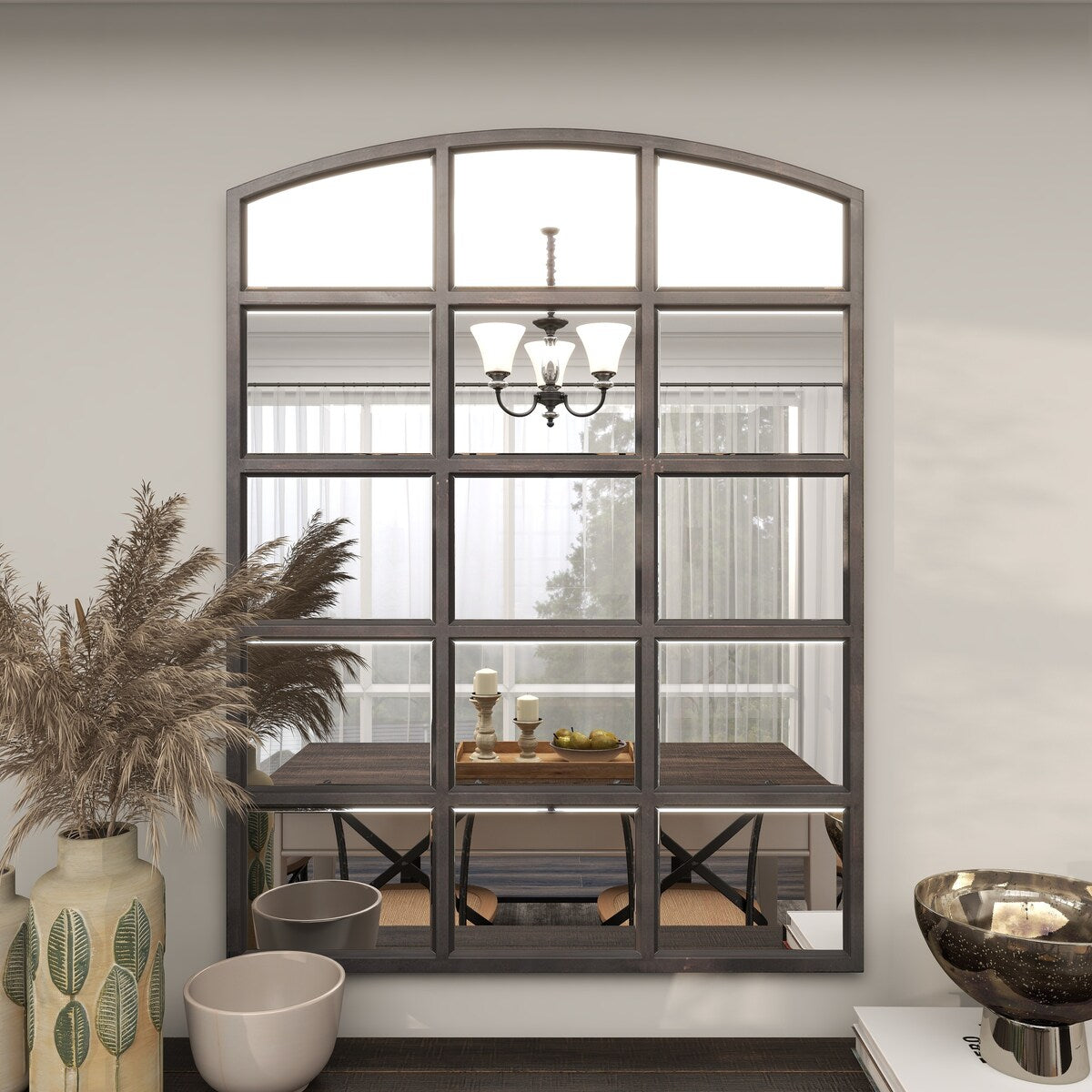 Metal Window Pane Inspired Room Wall Mirror with Arched Top - Roche River Decor