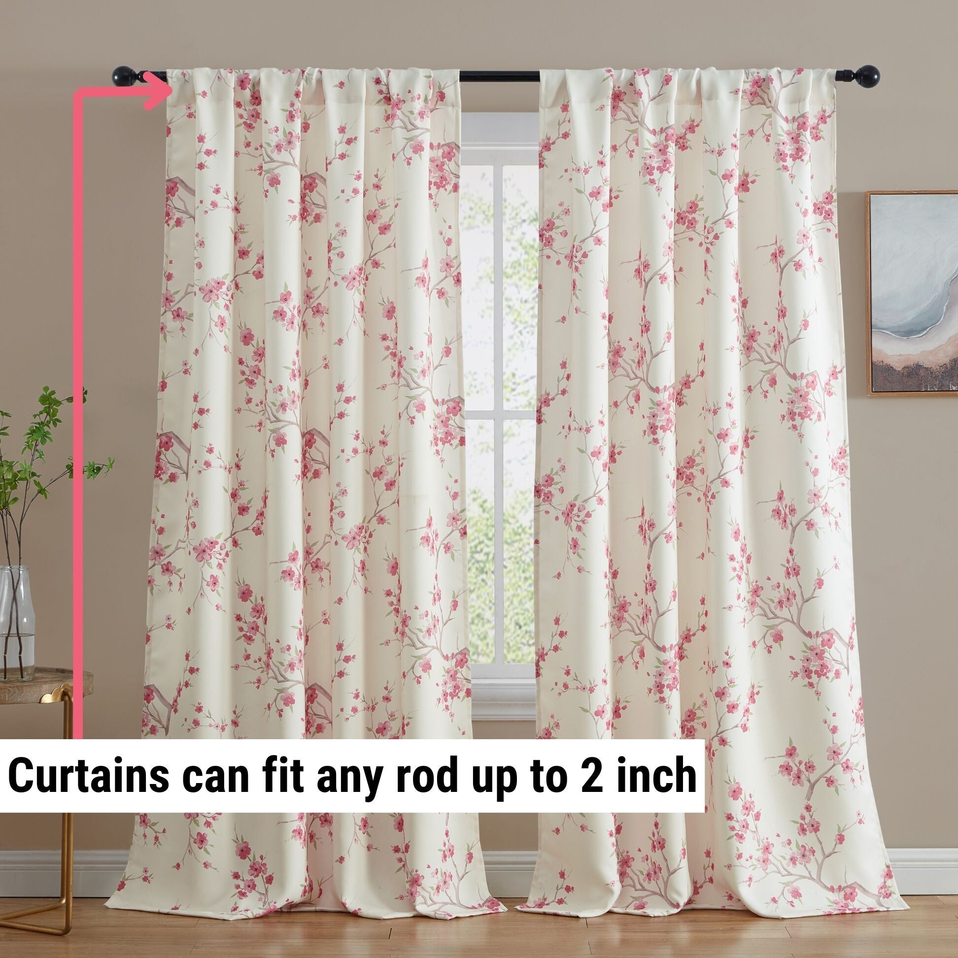 HLC.me Jasmine Floral Light Blocking Curtain Rod Pocket Pole Top Panels - Set of 2