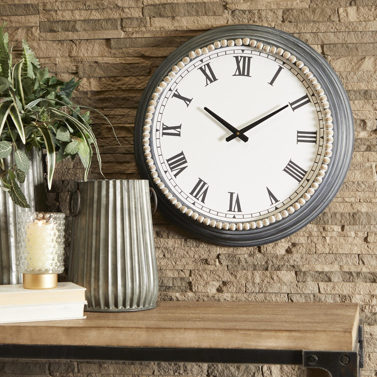 Metal Decorative Wall Clock with Beaded Accents - White - Roche River Decor