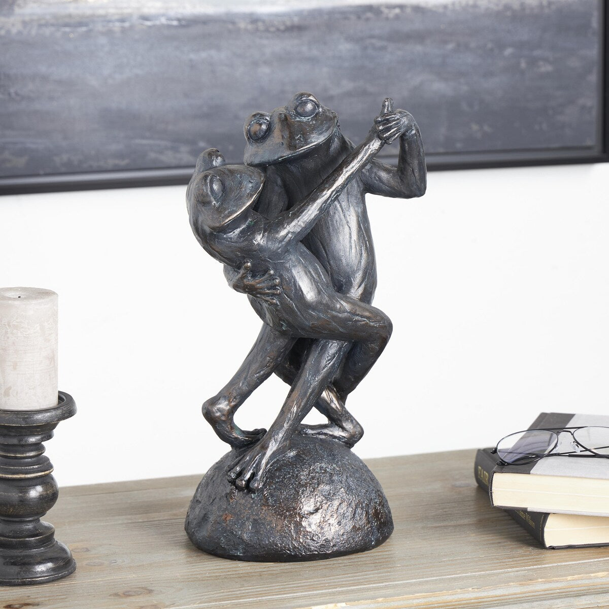 Resin Frog Patina Dancing Decorative Sculpture with Rock Base - Bronze - Roche River Decor