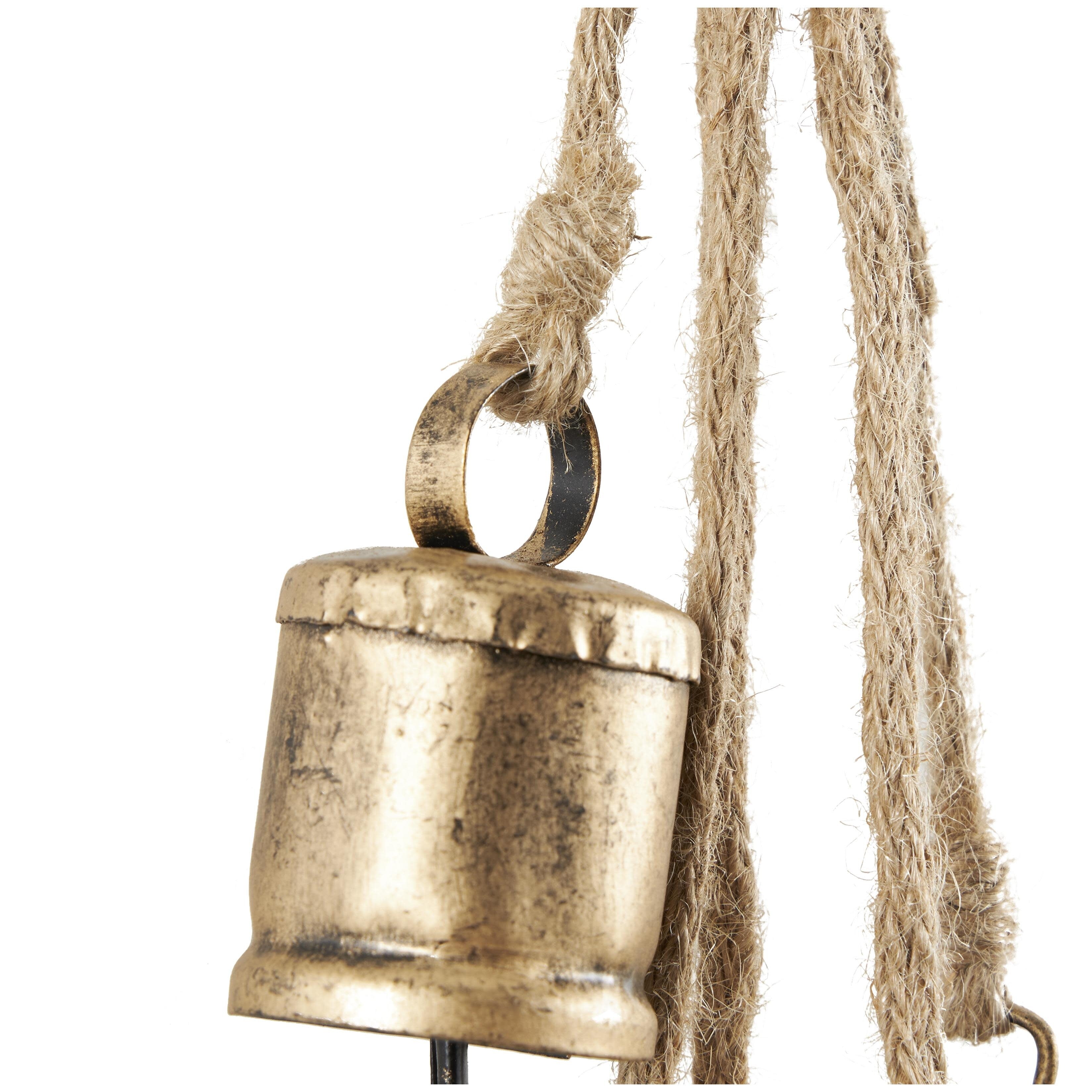 Metal Tibetan Inspired Decorative Cow Bells with 5 Bells on Jute Hanging Rope - Gold or White - Roche River Decor