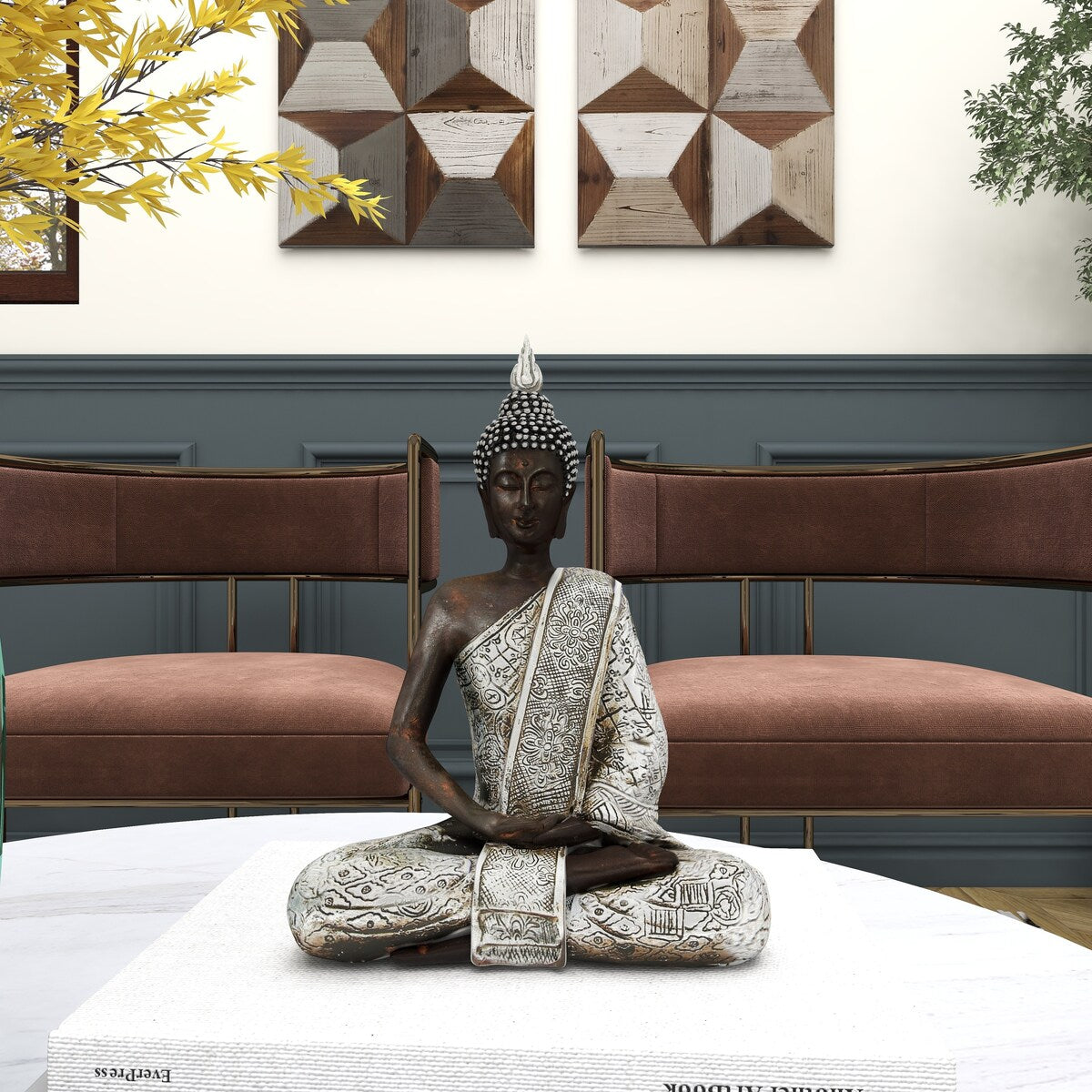 Polystone Buddha Meditating Decorative Sculpture with Engraved Carvings and Relief Detailing - Black - Roche River Decor