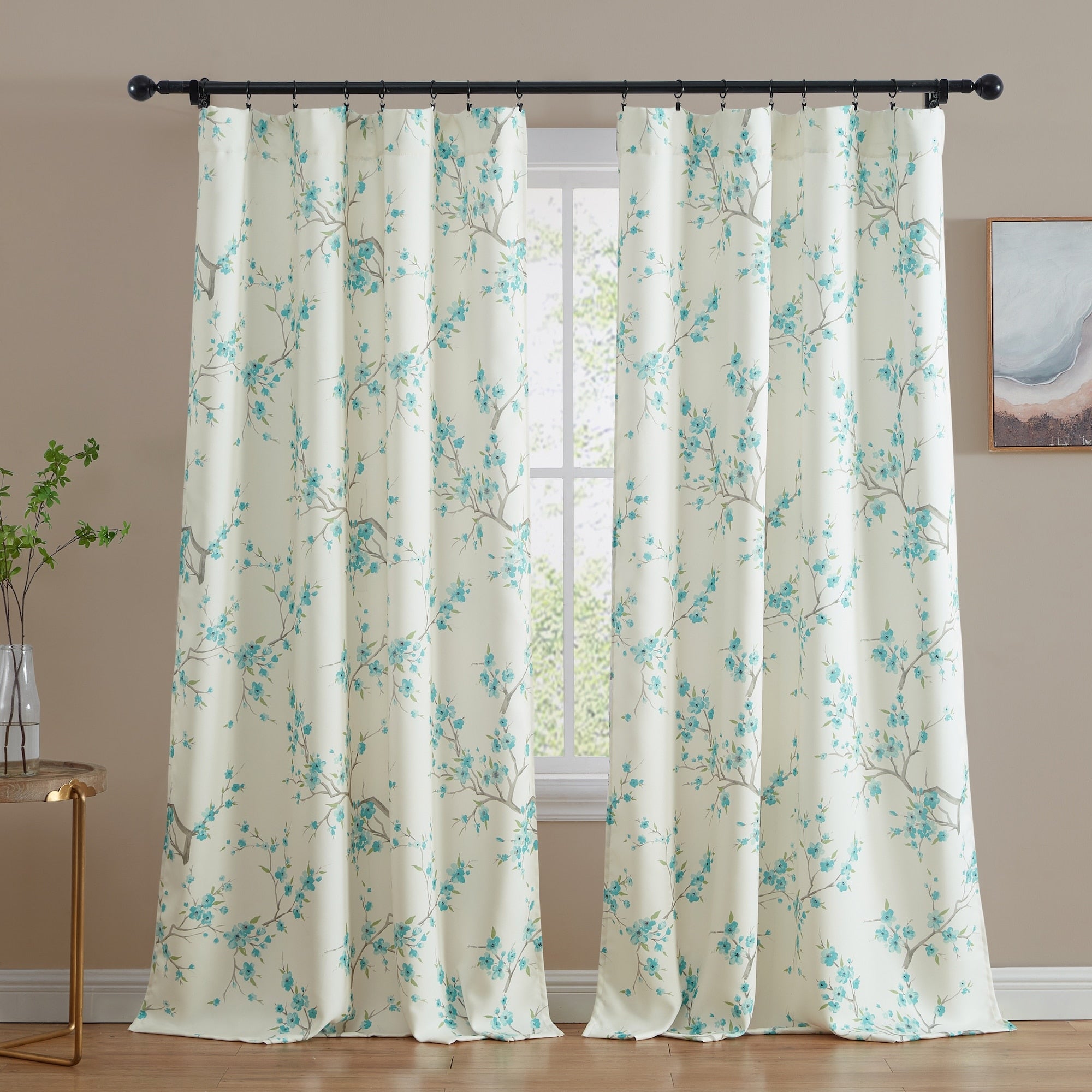 HLC.me Jasmine Floral Light Blocking Curtain Rod Pocket Pole Top Panels - Set of 2