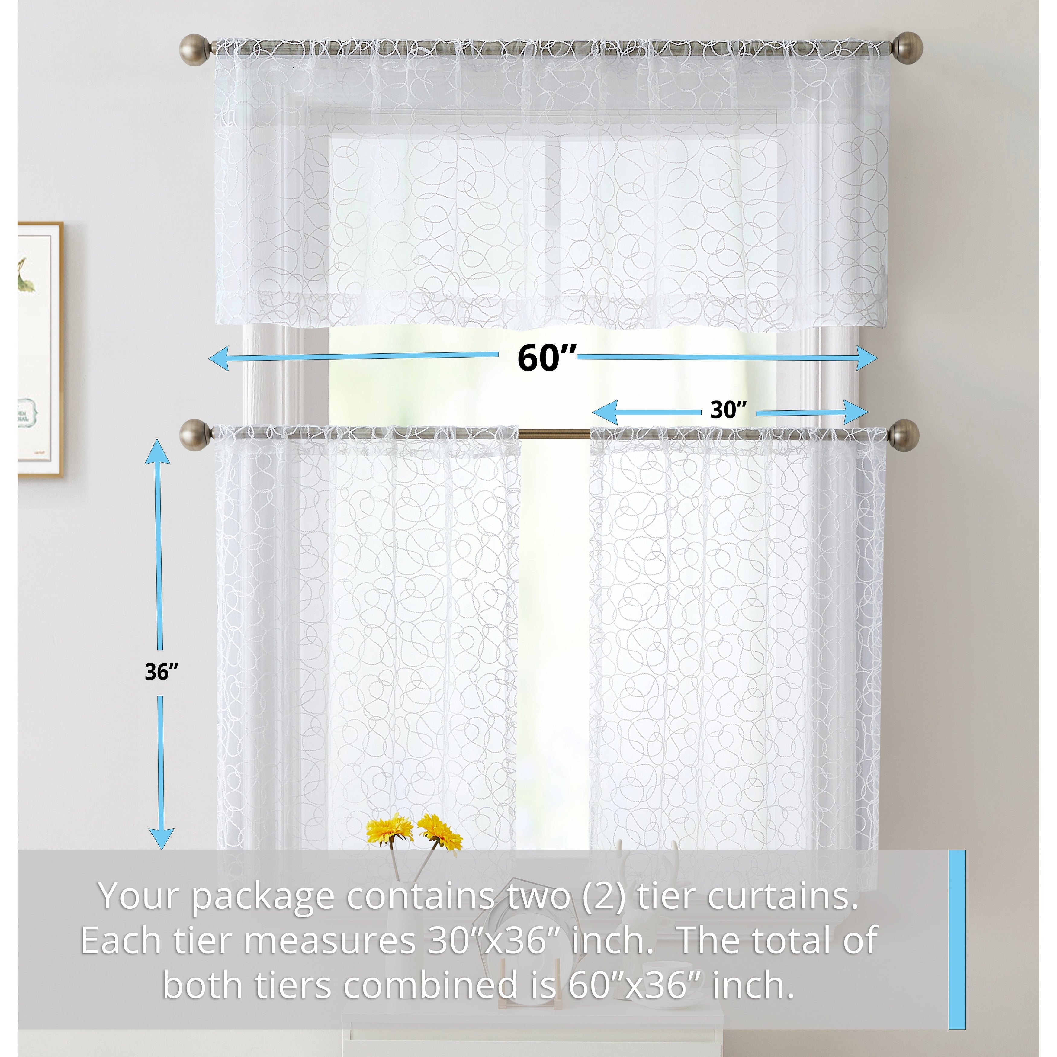 HLC.me Audrey Embroidered Sheer Voile Window Curtain Short Rod Pocket Tiers Valance Kitchen, Small Windows and Bathroom