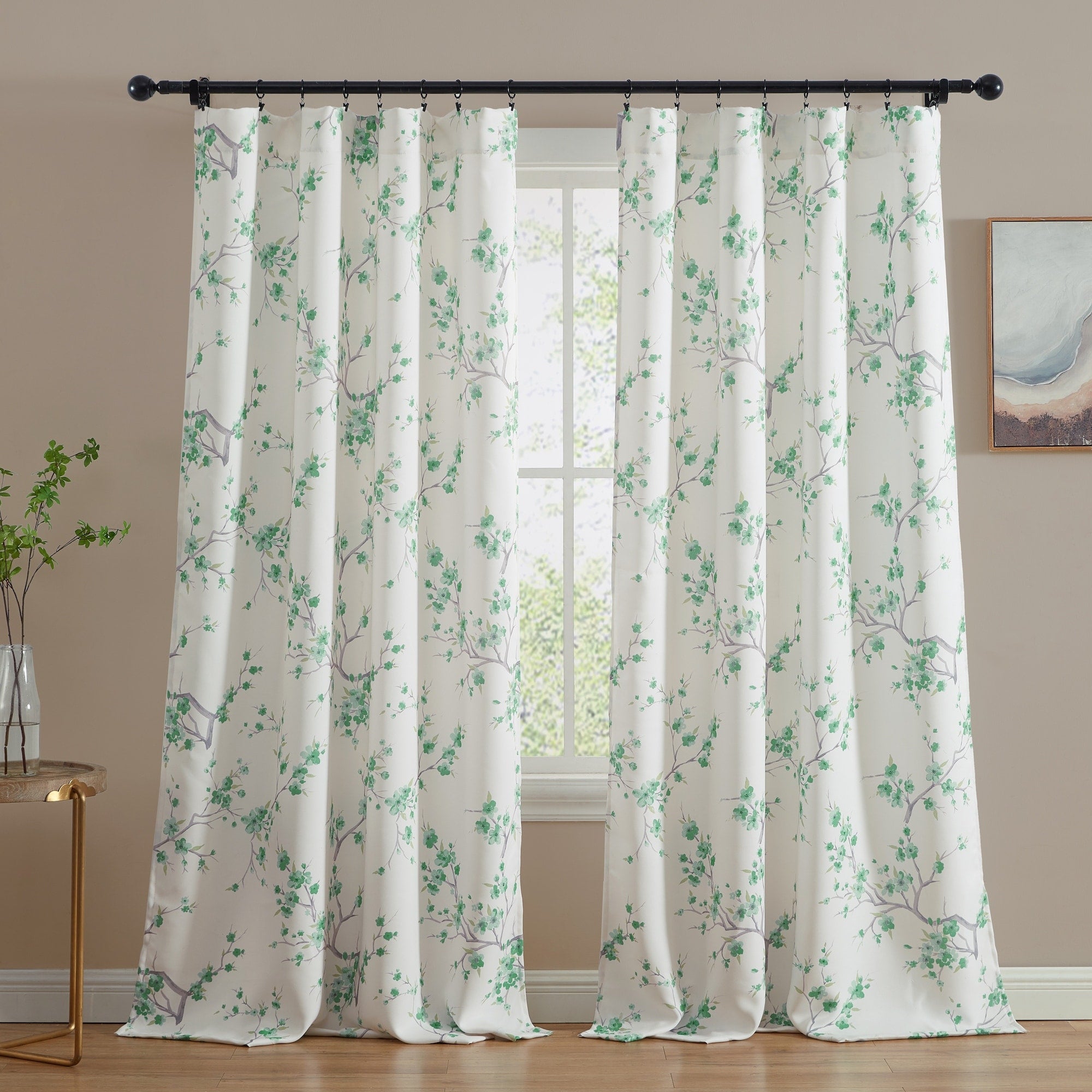 HLC.me Jasmine Floral Light Blocking Curtain Rod Pocket Pole Top Panels - Set of 2