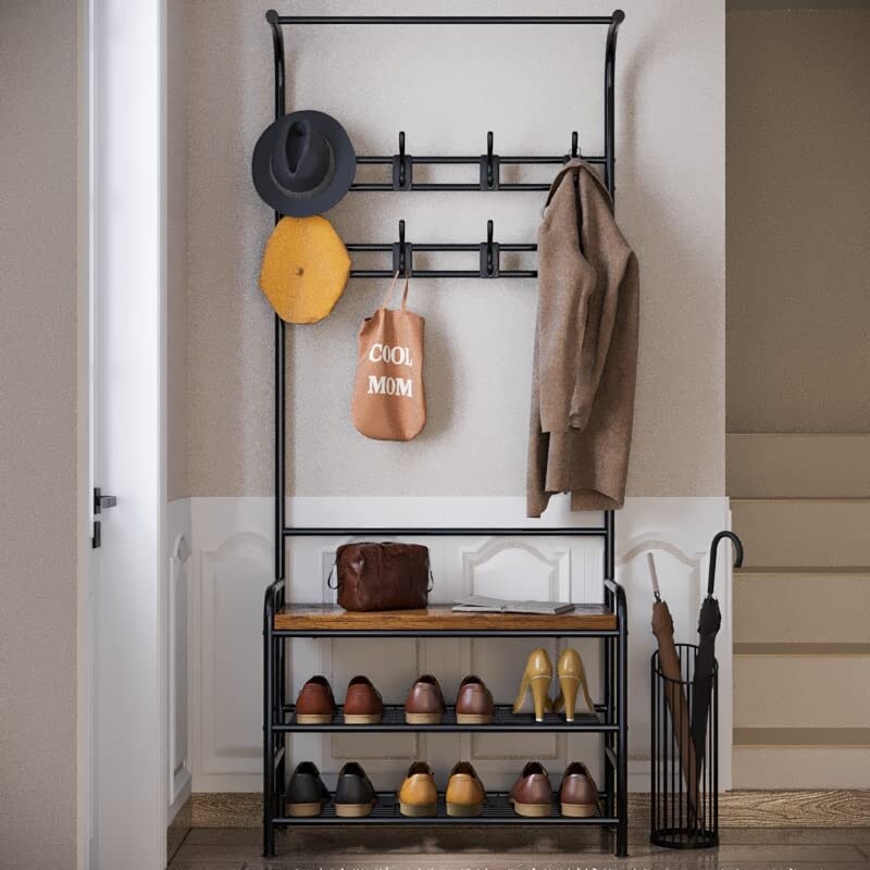 Industrial Entryway Coat Rack with Shoe Bench 3-in-1 Functional Hall Tree