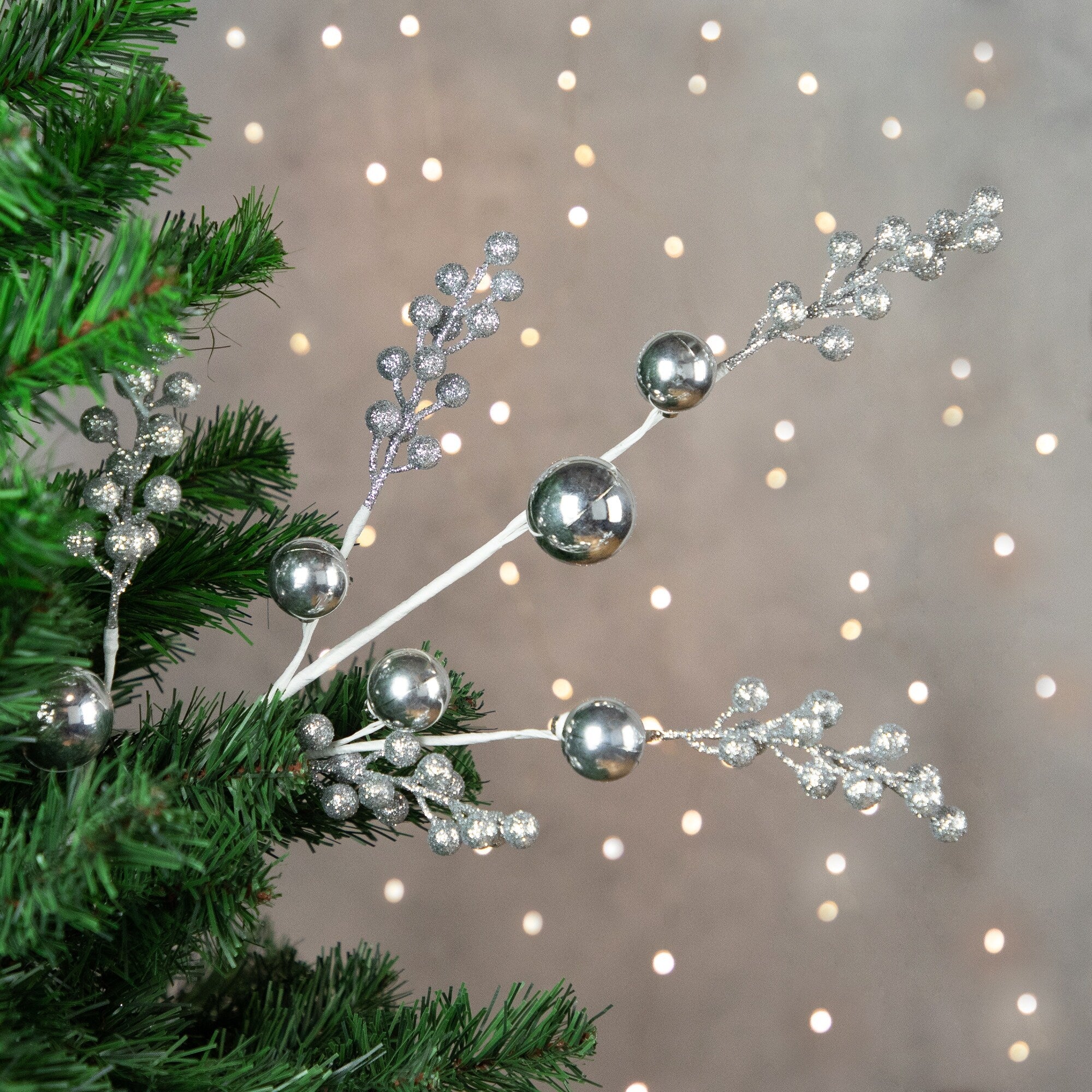 29 Silver Glitter Berries Christmas Spray With Ornaments