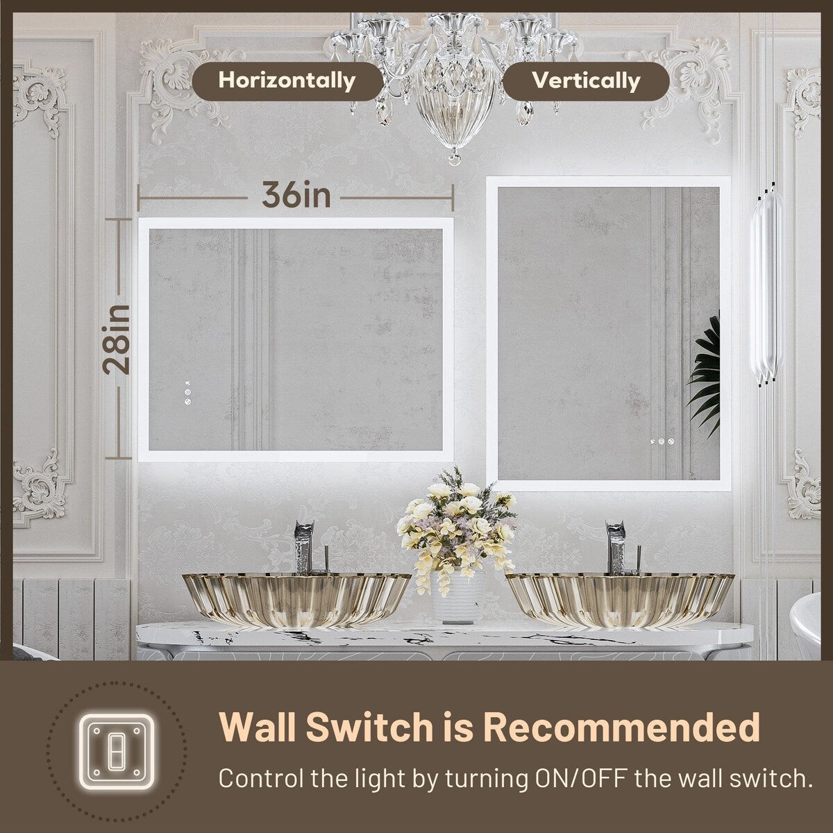 Keonjinn Smart LED Frontlit & Backlit Bathroom Vanity Wall Mirror, 3 Colors, Acrylic Edge, Anti Fog, Radar Sensor, Dimmable