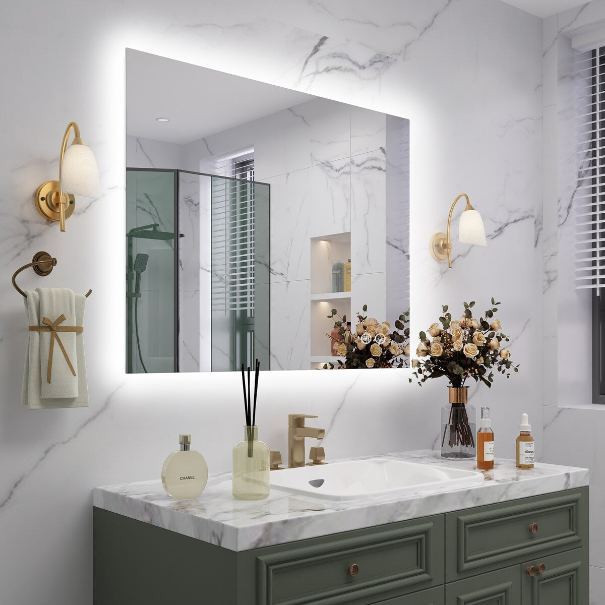 KIOTEE LED Bathroom Mirror Rectangular Frameless Super Bright Backlited LED Anti-Fog Tempered Glass Wall Bathroom Vanity Mirror