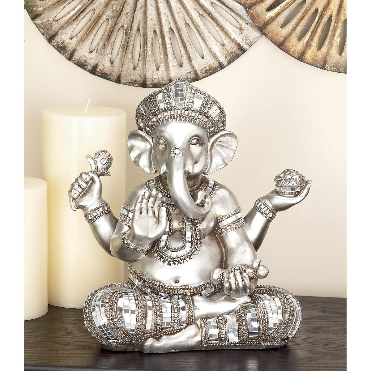 Polystone Ganesh Meditating Decorative Sculpture with Engraved Carvings and Relief Detailing - Silver - Roche River Decor