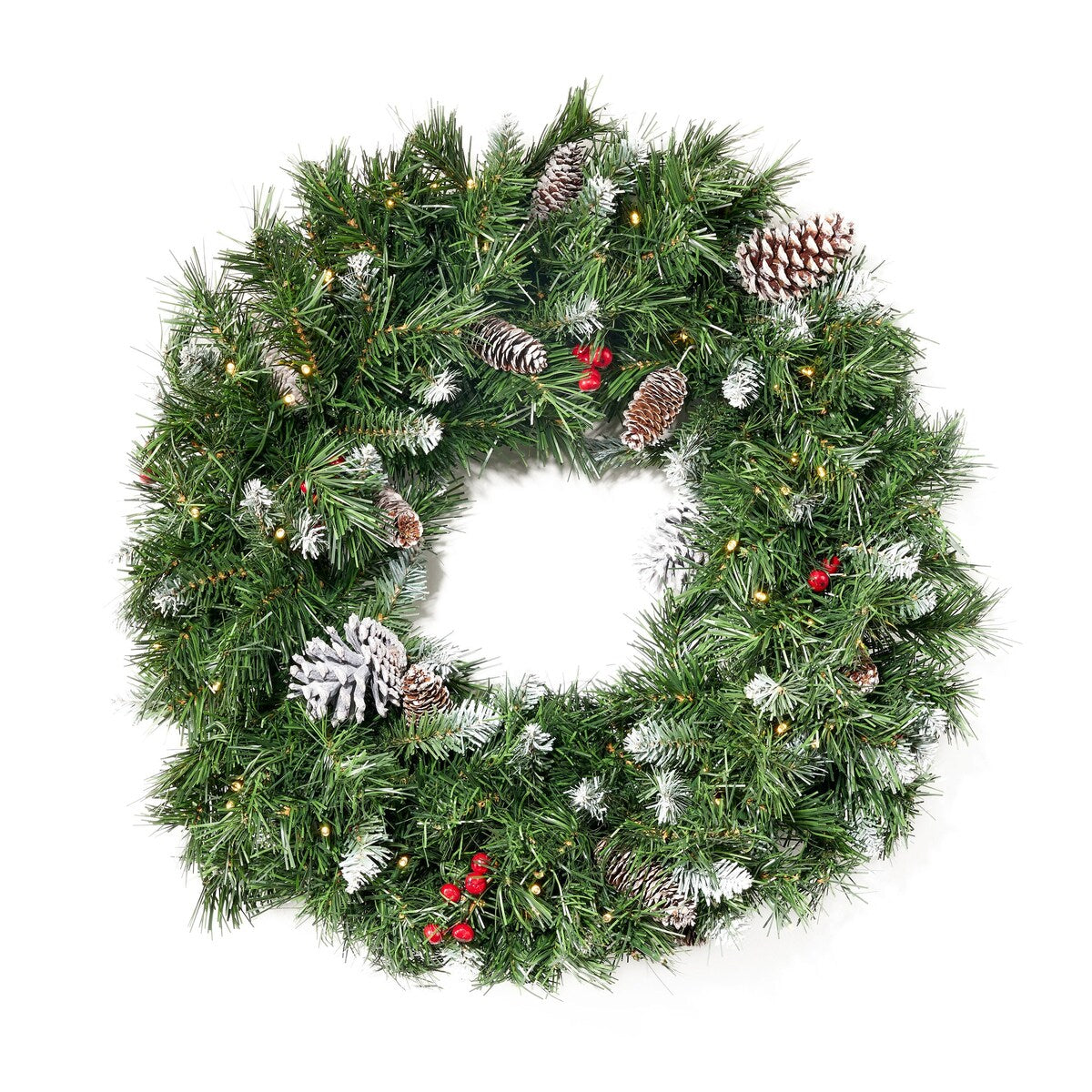 24''Mixed Frosted Wreath With With 16 Pine Cones And 8 Red Berry And 50 Warm White Led Lights - As Picture Show