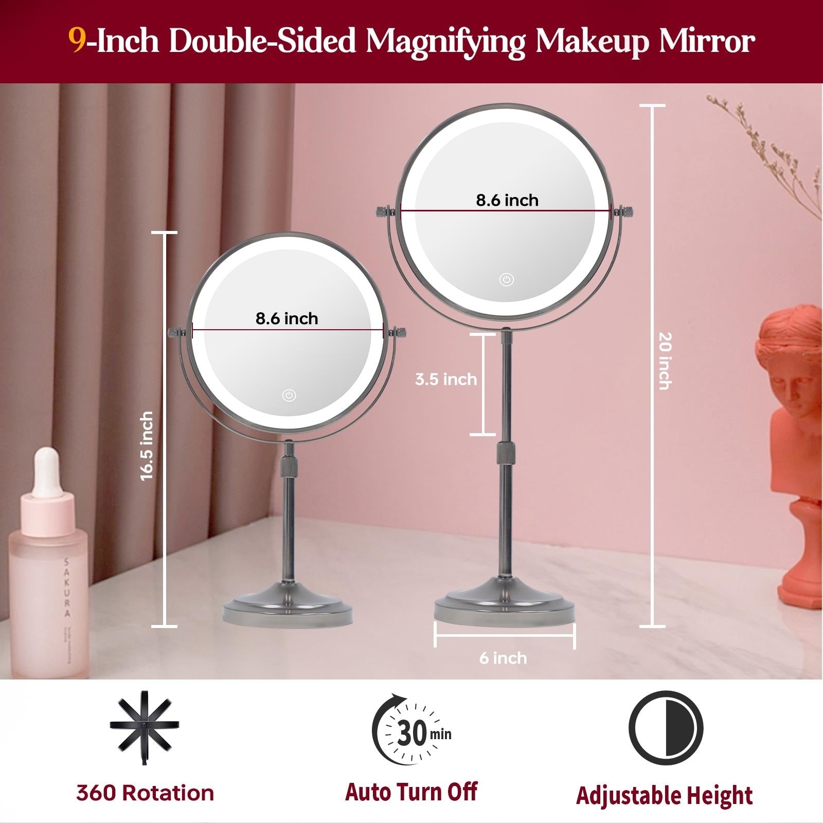 9 LED Lighted Makeup Mirror,Double Sided Magnification Mirror with 1X/10x Magnification,3 Lighting Color