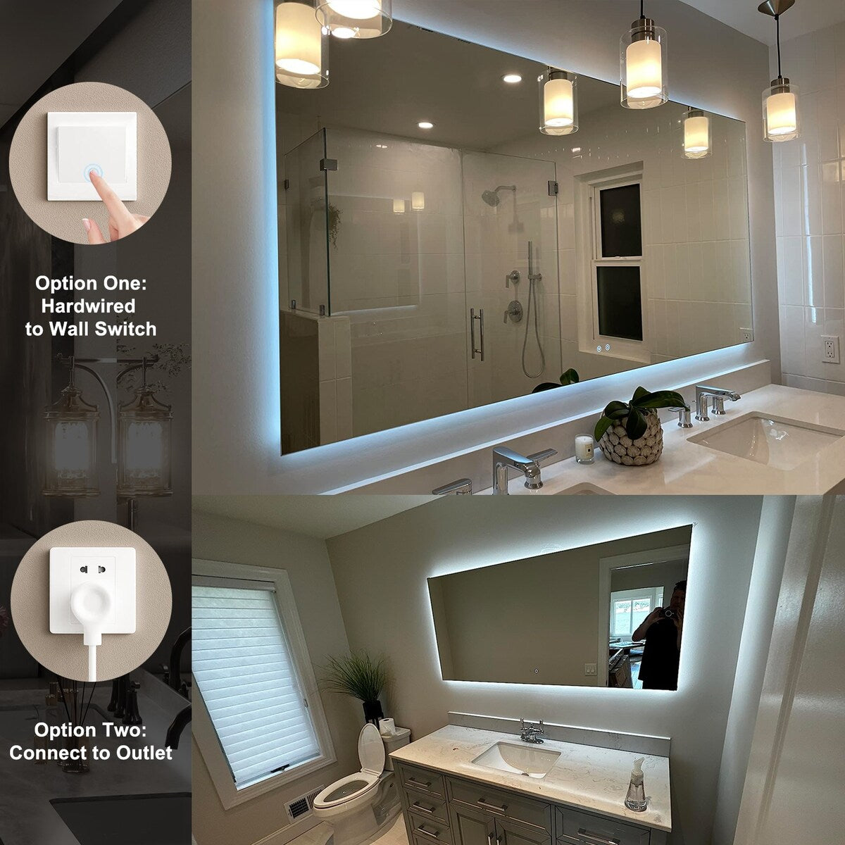 KIOTEE LED Bathroom Mirror Rectangular Frameless Super Bright Backlited LED Anti-Fog Tempered Glass Wall Bathroom Vanity Mirror