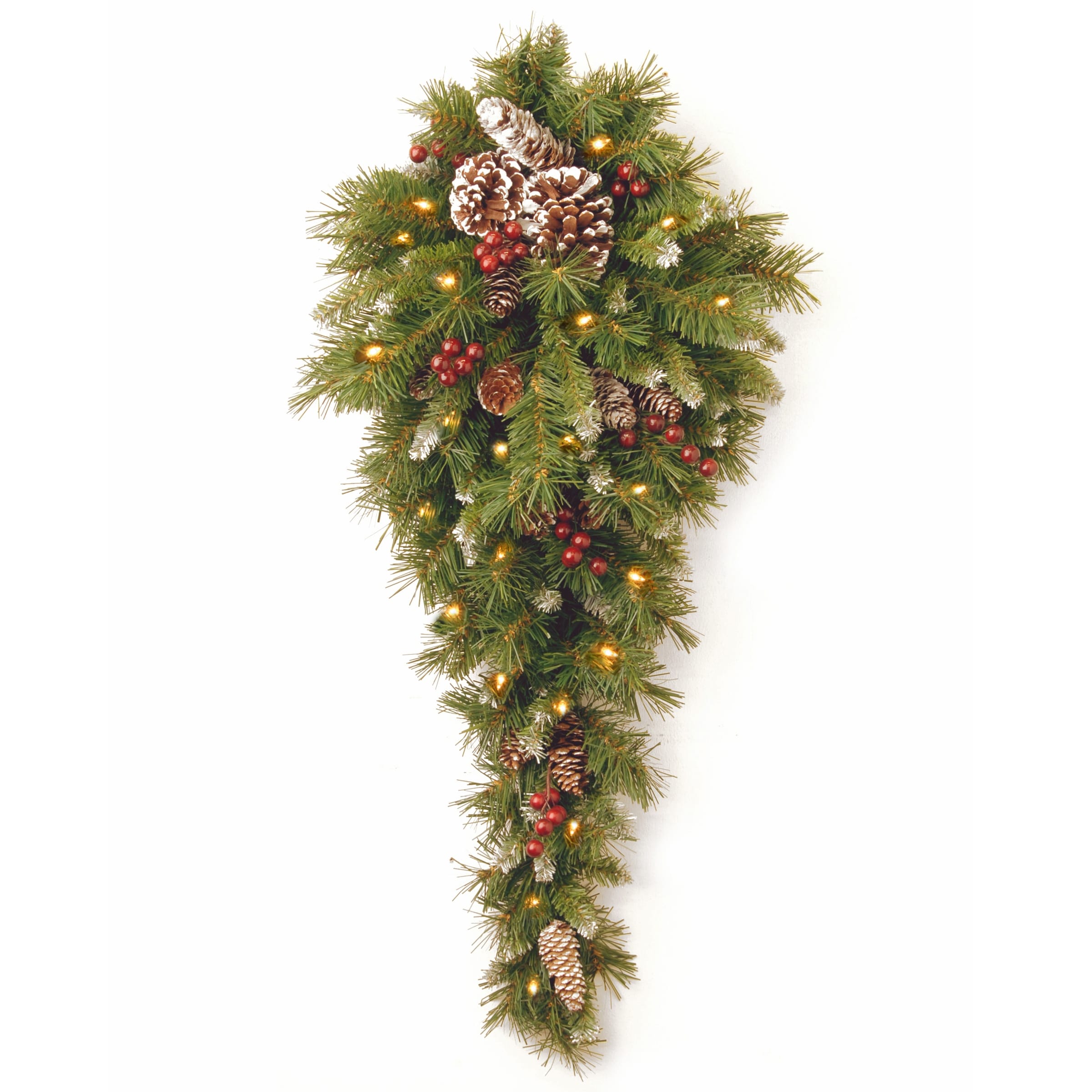 National Tree Company 3 ft. Frosted Berry Teardrop Wreath with Battery-operated Warm White LED Lights, Green - 3 ft