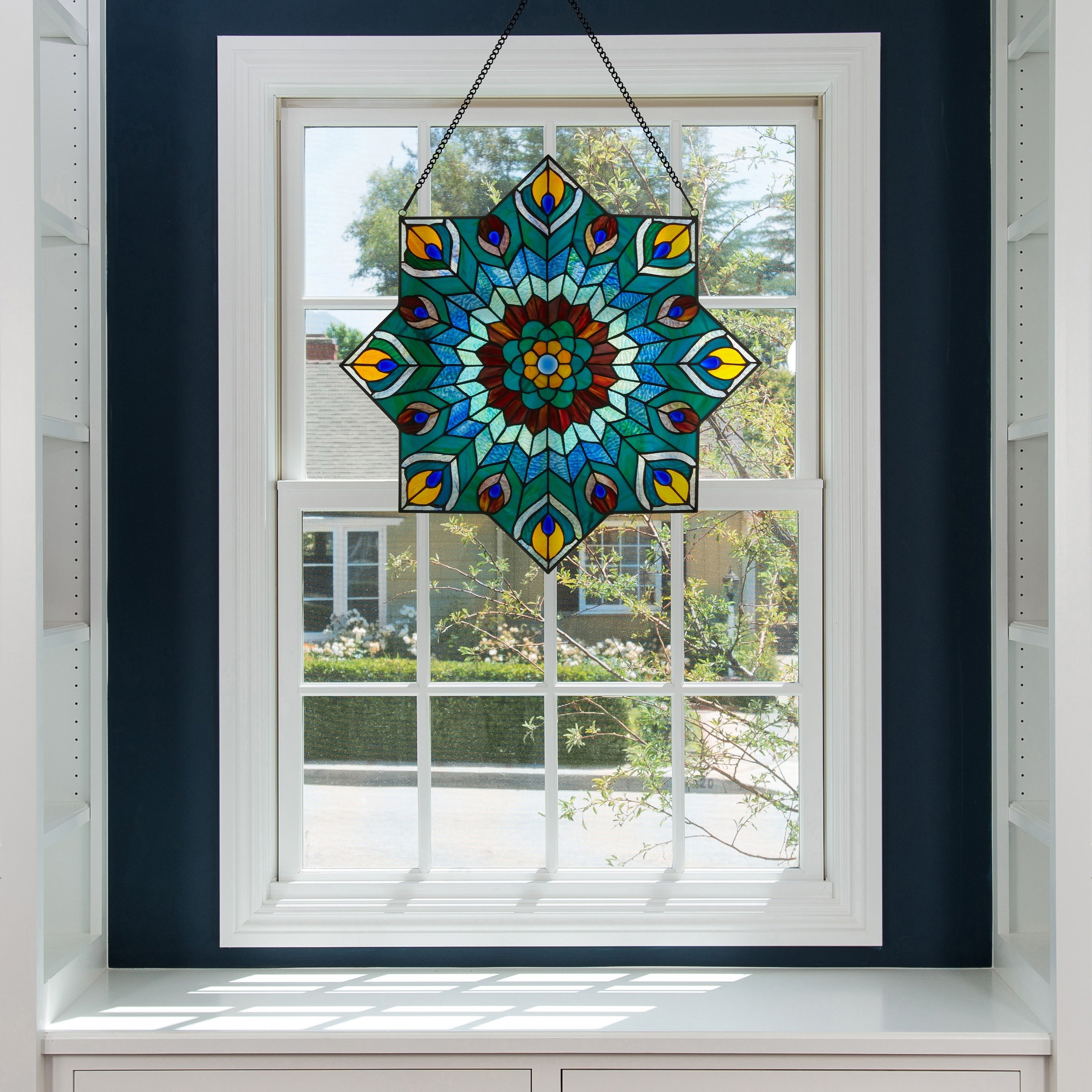 River of Goods 24-inch Tiffany-style Stained Glass Peacock Star Window Panel - 24L x 0.25W x 24H