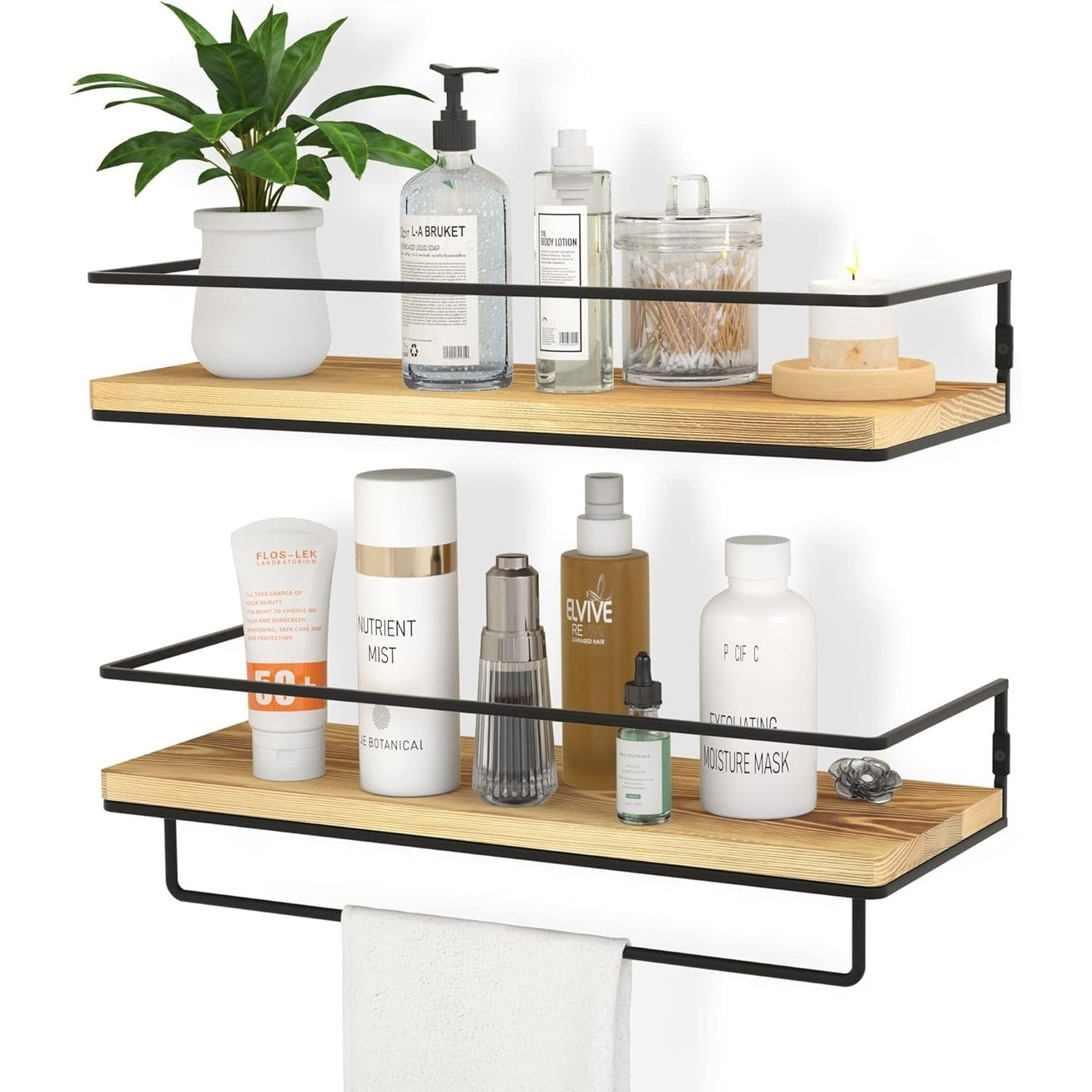 Wall Mounted Floating Shelves with Metal Frame and Towel Rack, Set of 2