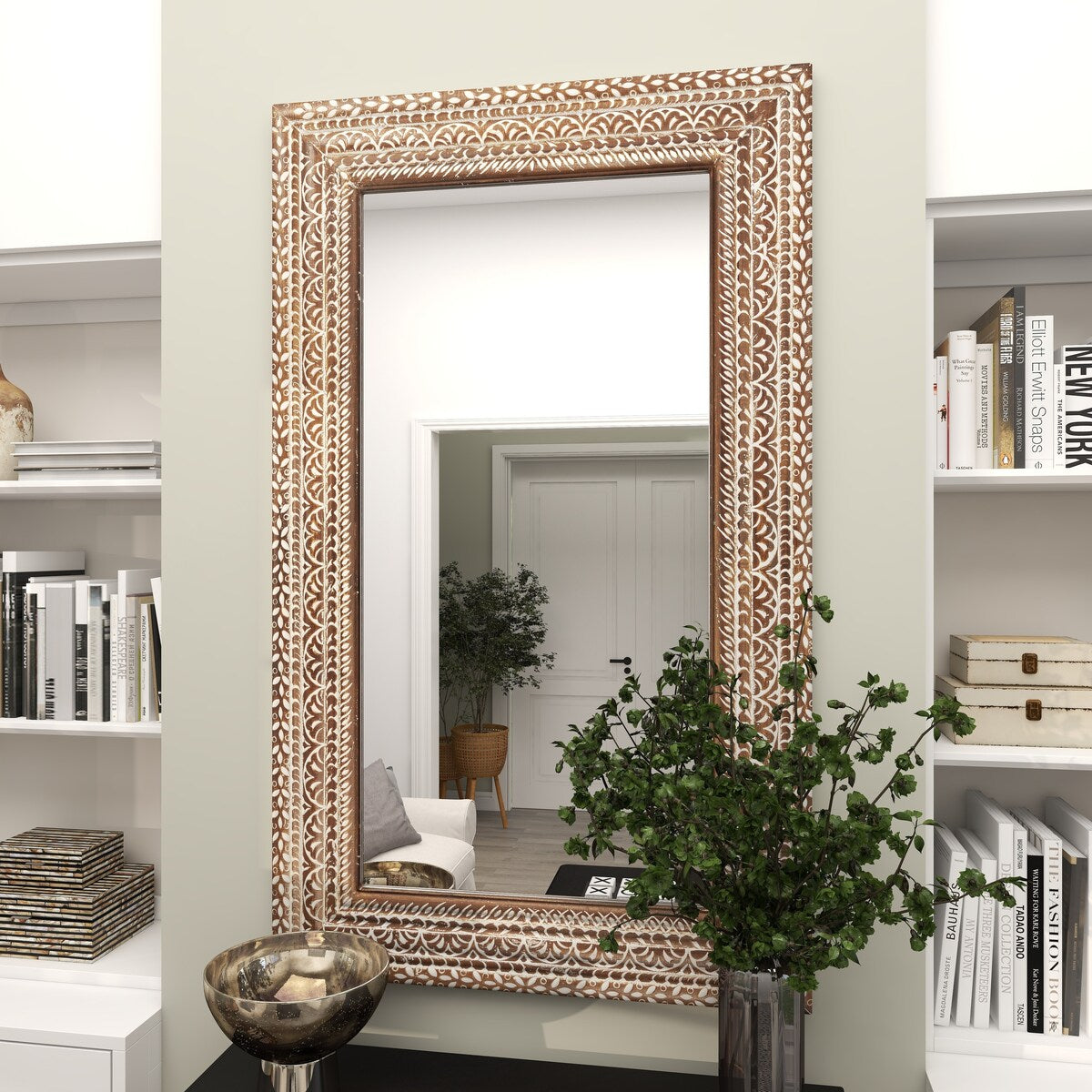 Wood Floral Room Wall Mirror with Detailed Cream Carvings - Brown - Roche River Decor