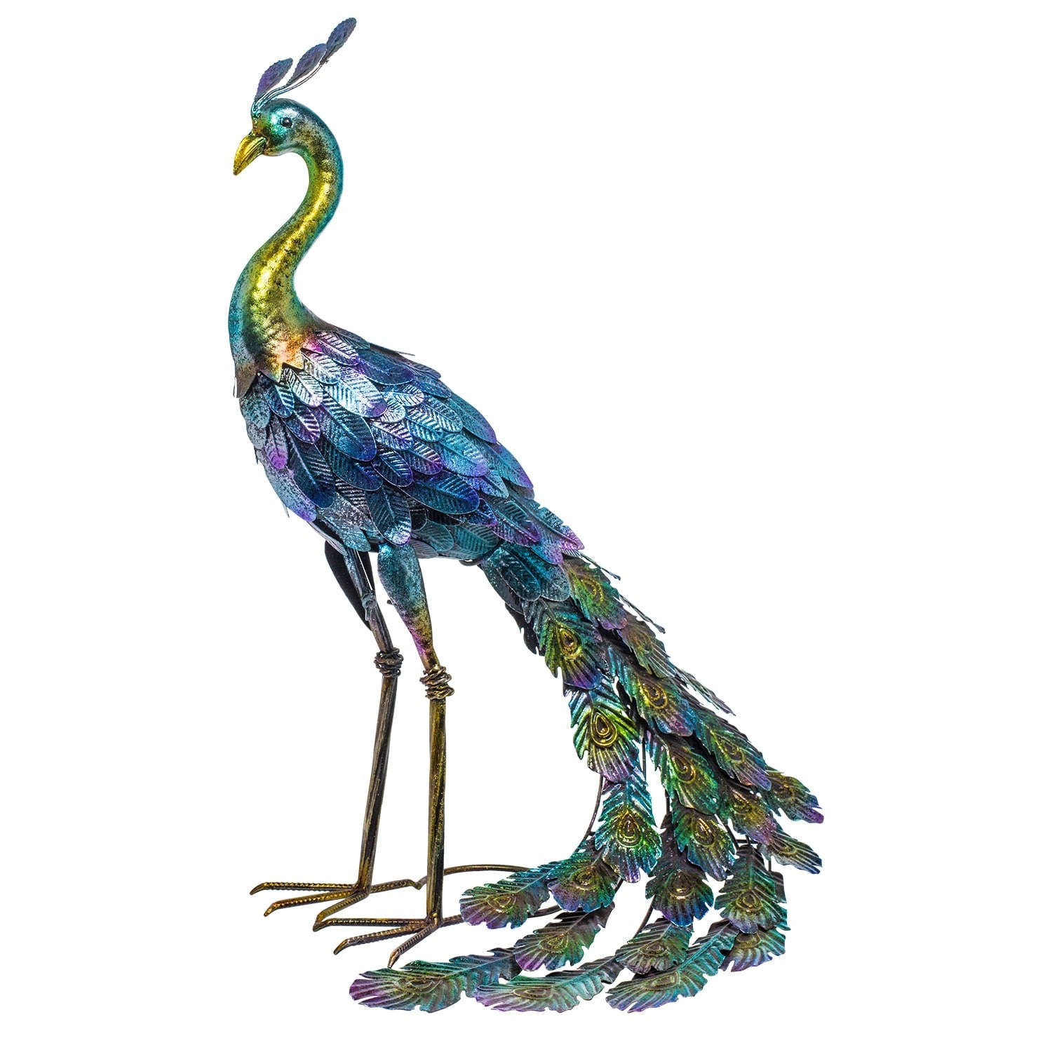 Alpine Corporation 23 Tall Outdoor Metallic Peacock Tail Spread Yard Statue Decoration, Multicolor