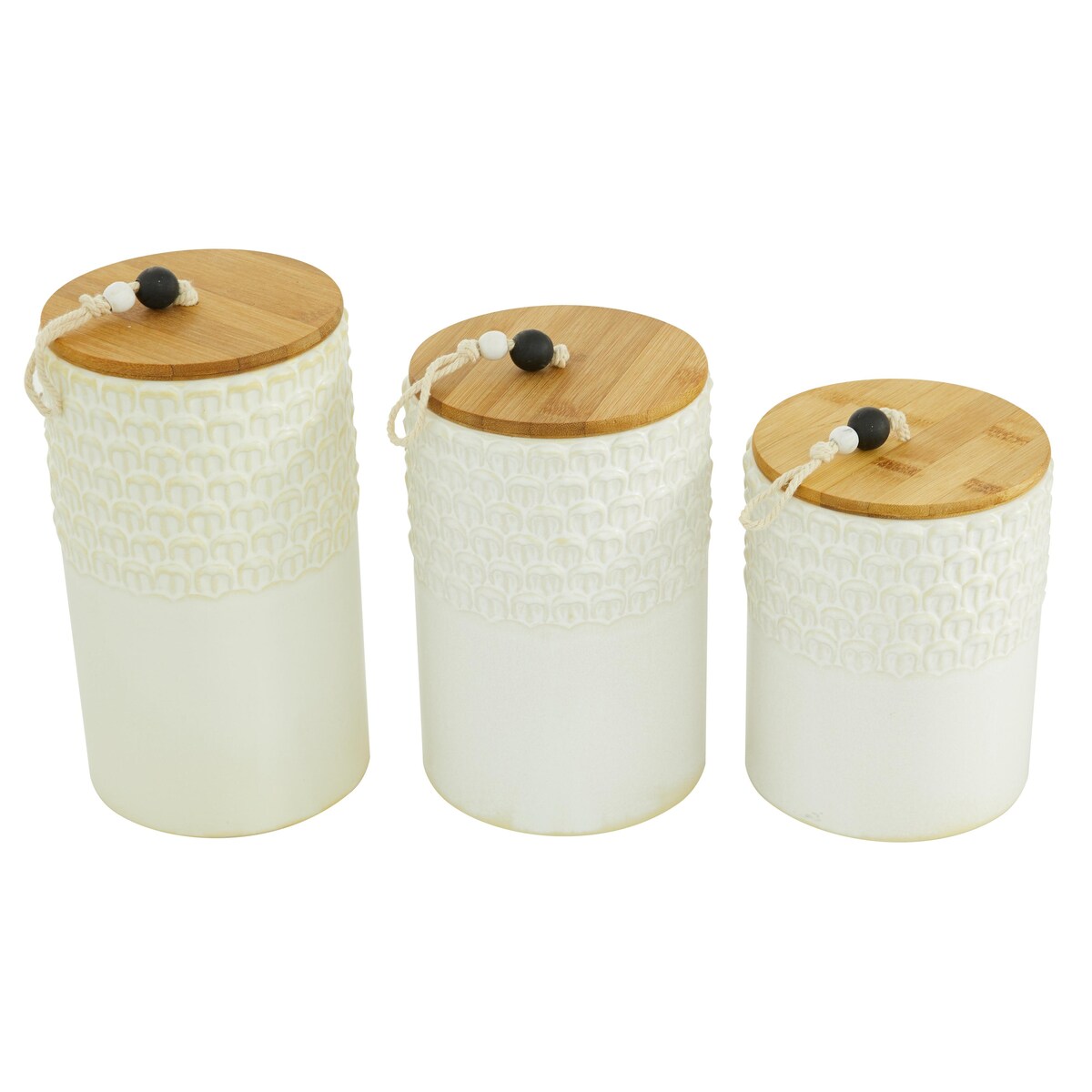 Ceramic Textured Living Room Decorative Jars with Wood Lids and Beaded Accents - Set of 3 White - Roche River Decor