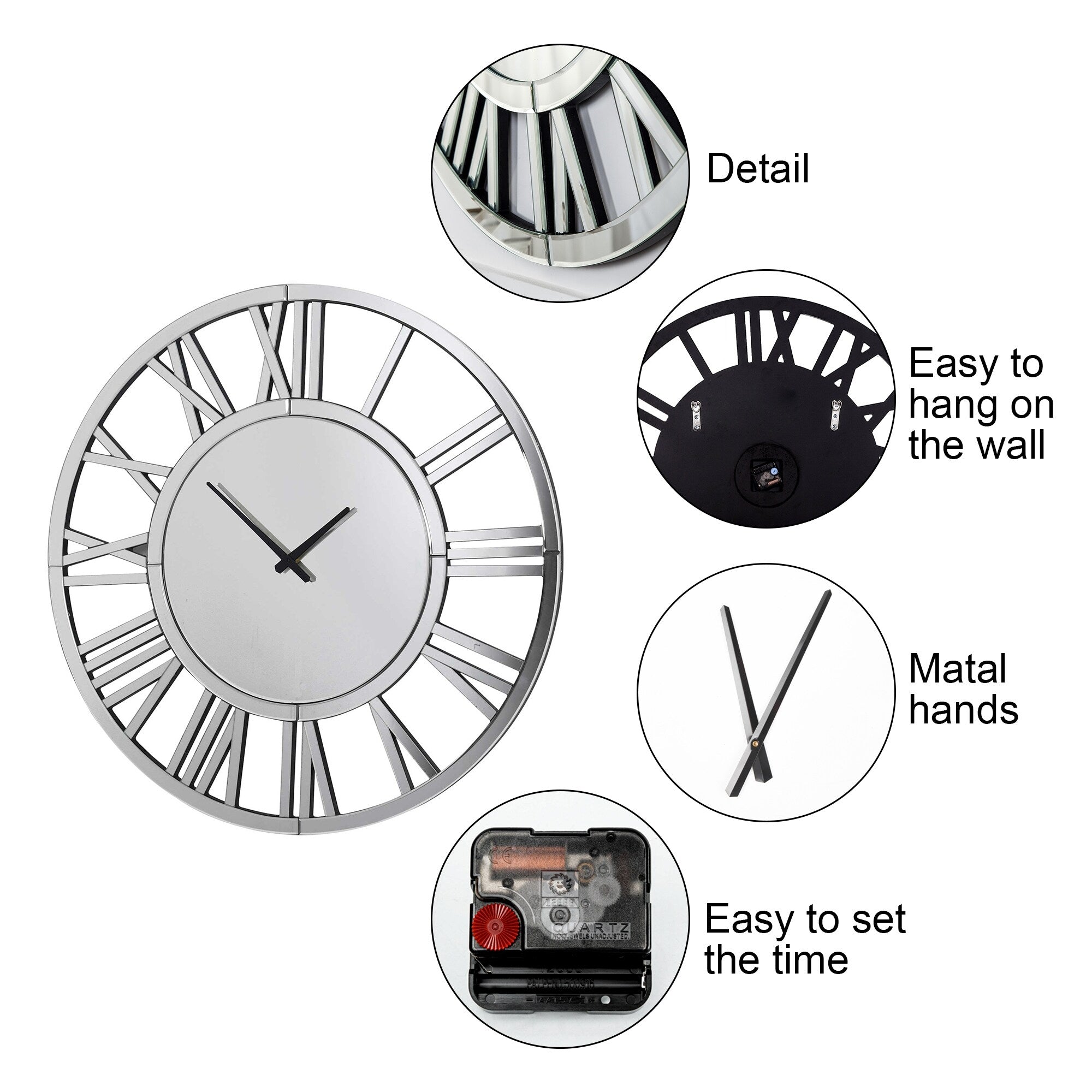 Round Wall Clock- Modern Clocks Mirrored Wall Decor