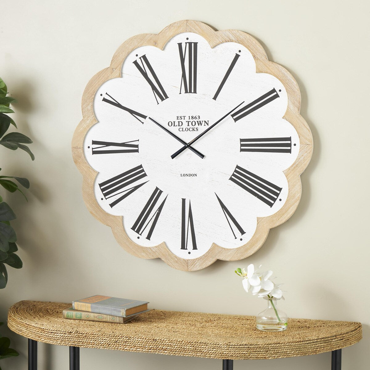 Wood Floral Shaped Decorative Wall Clock with Brown Scalloped Frame - White - Roche River Decor