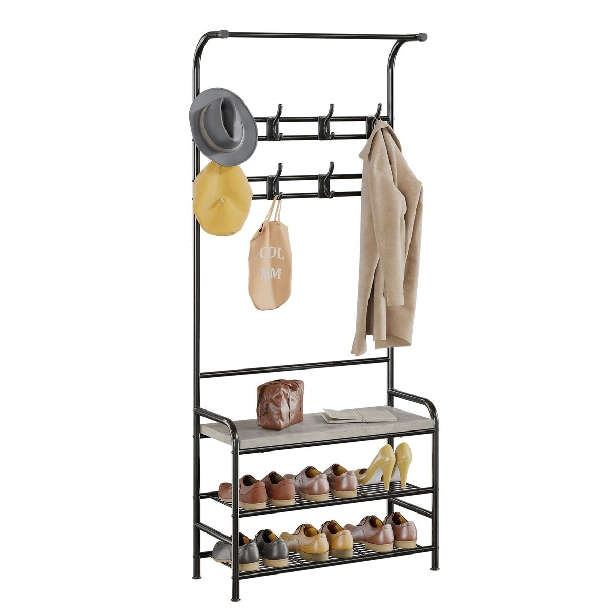 Industrial Entryway Coat Rack with Shoe Bench 3-in-1 Functional Hall Tree