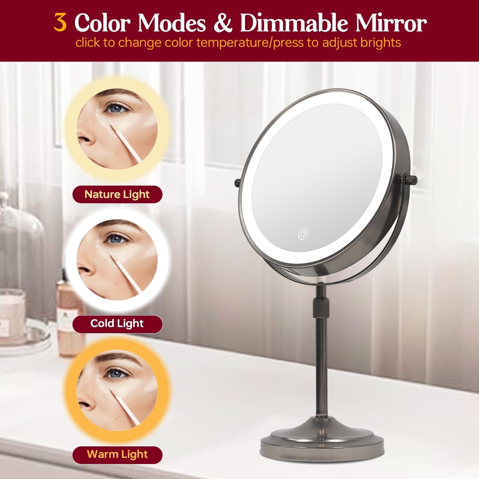 9 LED Lighted Makeup Mirror,Double Sided Magnification Mirror with 1X/10x Magnification,3 Lighting Color