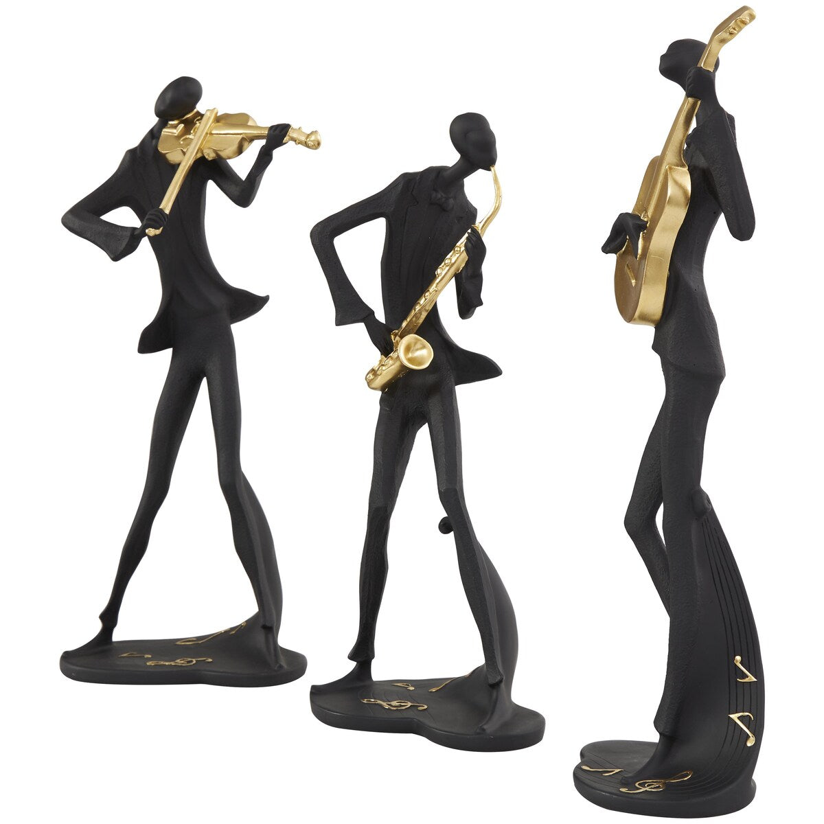 Polystone Musician Abstract Decorative Sculpture with Gold Instruments and Music Notes - Set of 3 Black - Roche River Decor